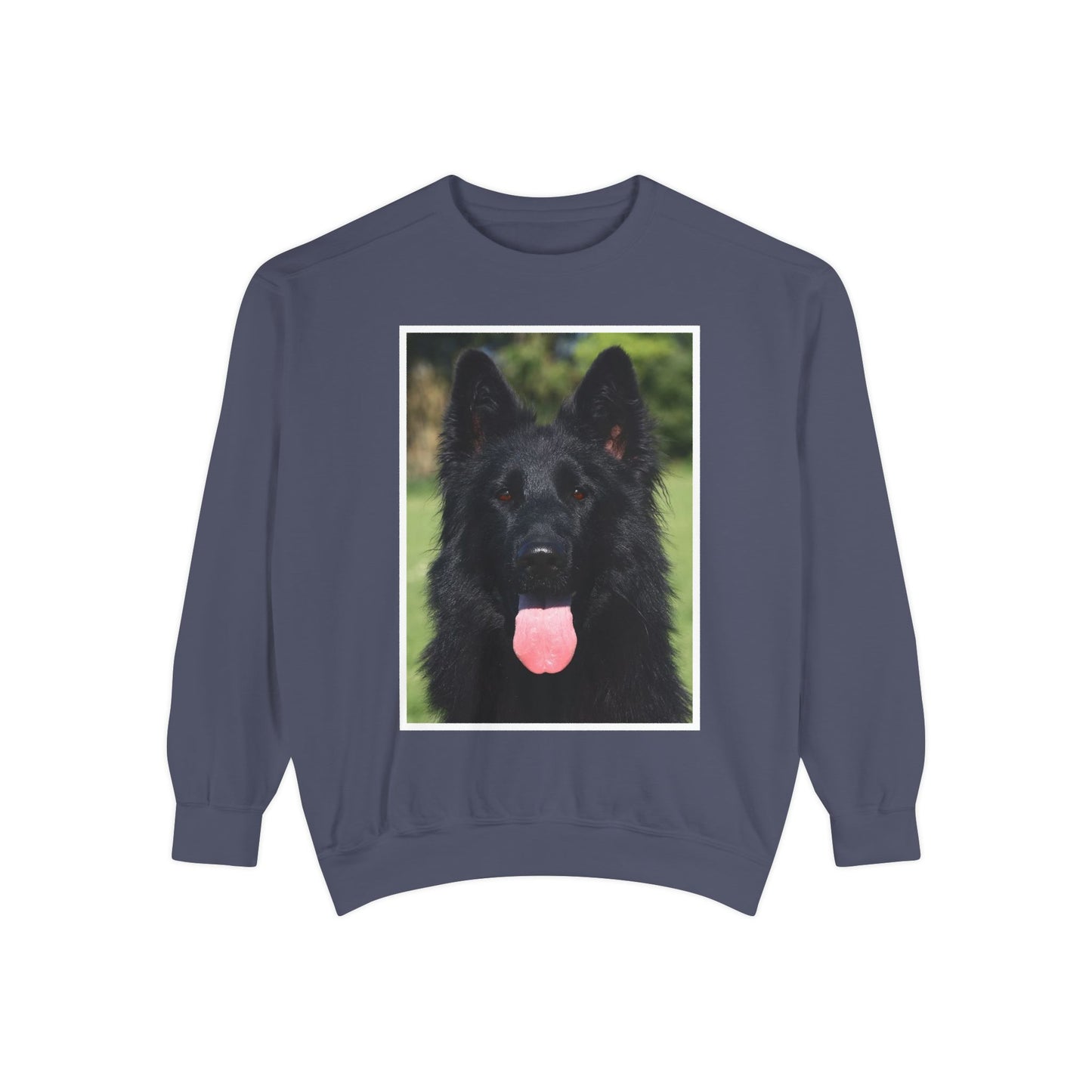 Unisex Dog Lover Sweatshirt With a Close Up of Solid Black German Shepherd Leaving Hanging Tongue