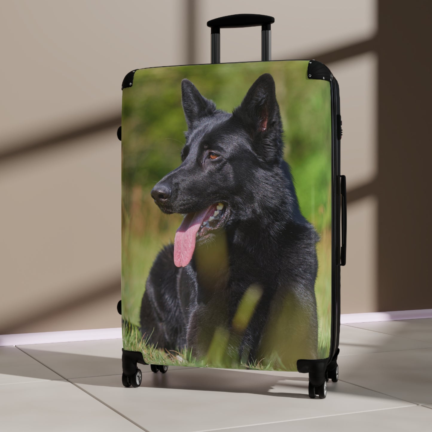 Dog Lovers Suitcase Featuring a Black German Shepherd Resting on Grass Looking Sideways