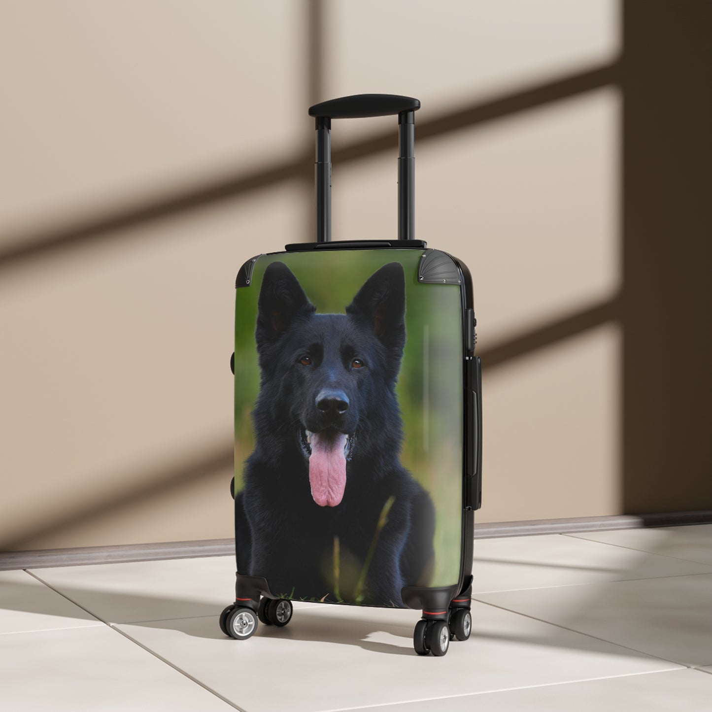 Personalized Dog-Themed Suitcase Featuring Black German Shepherd Resting on the Grass Leaving Tongue Out
