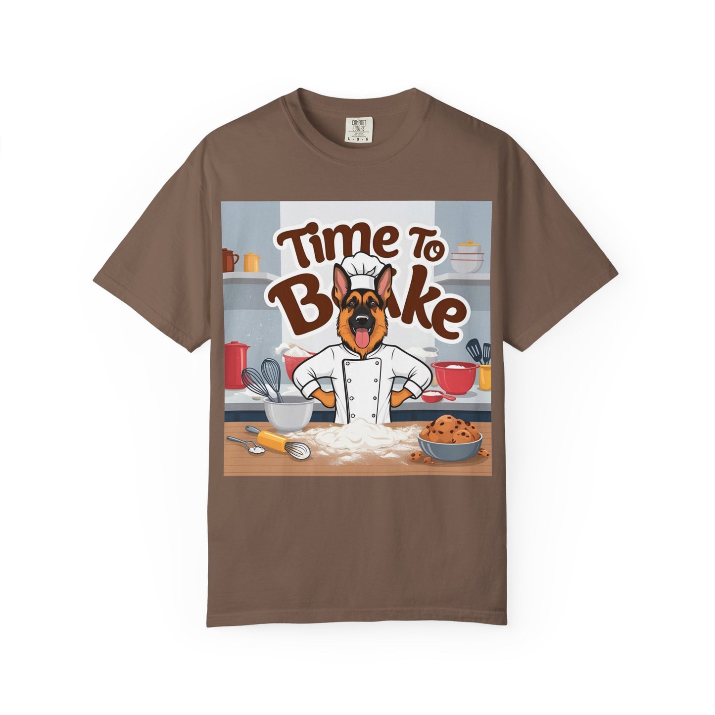 Unisex Dog Lover T-Shirt With Graphic of German Shepherd Wearing Chef Suit and Caption Time To Bake