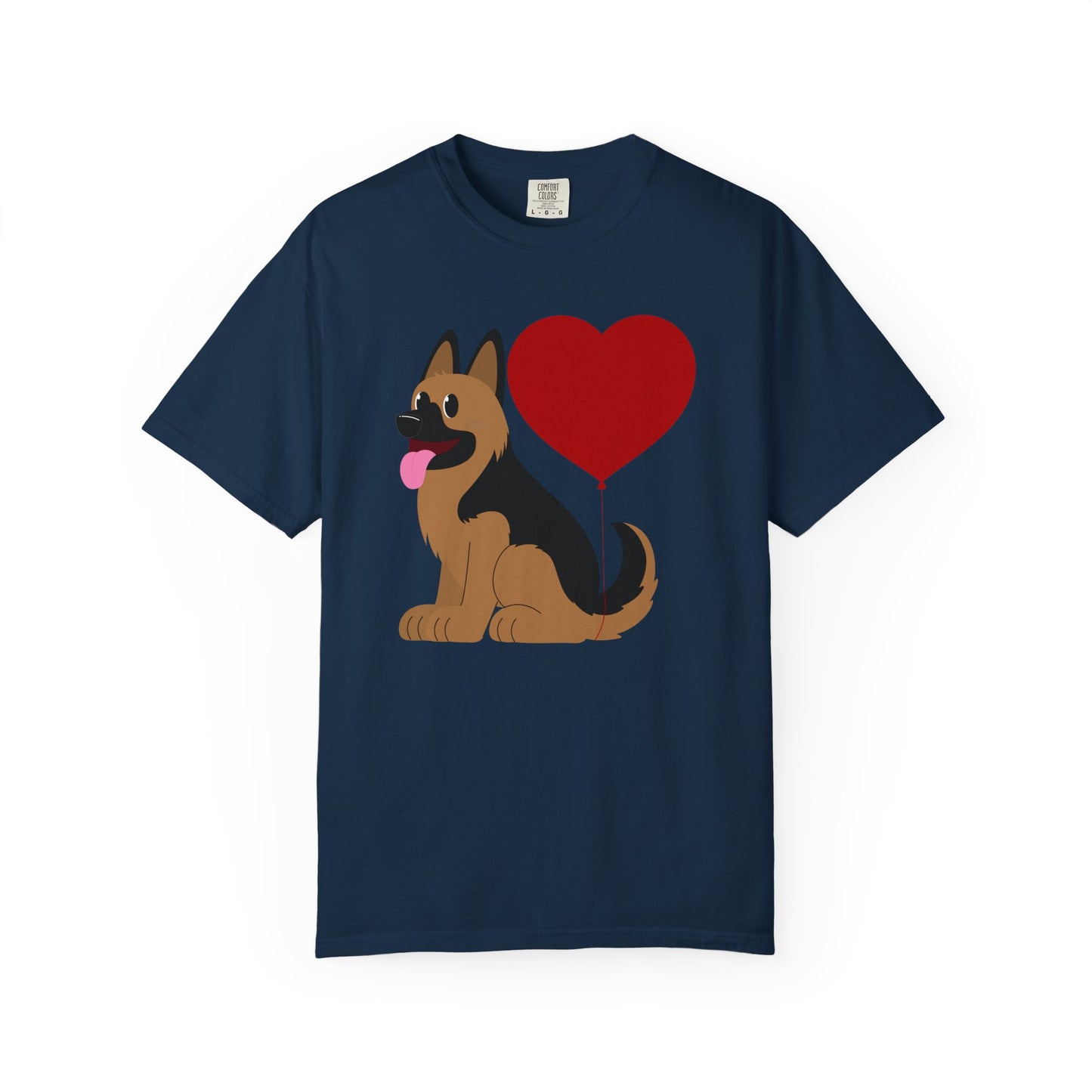 Unisex Dog Lover T-Shirt With a Graphic of German Shepherd Puppy and Heart Shaped Balloon Attached With Tail
