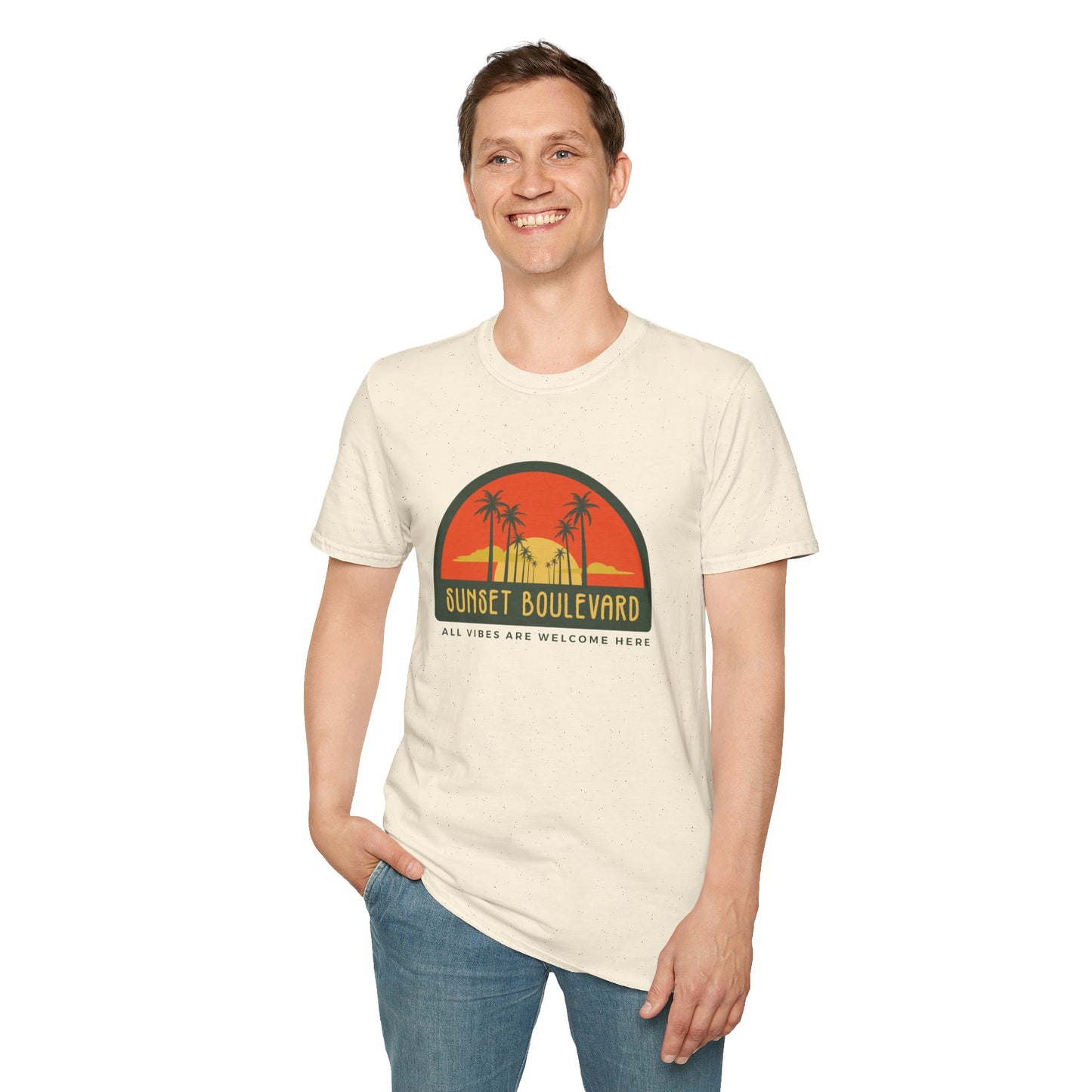 Sunset Boulevard Unisex Softstyle T-Shirt, Retro Beach Tee, Vacation Shirt, Summer Apparel, Travel Gift