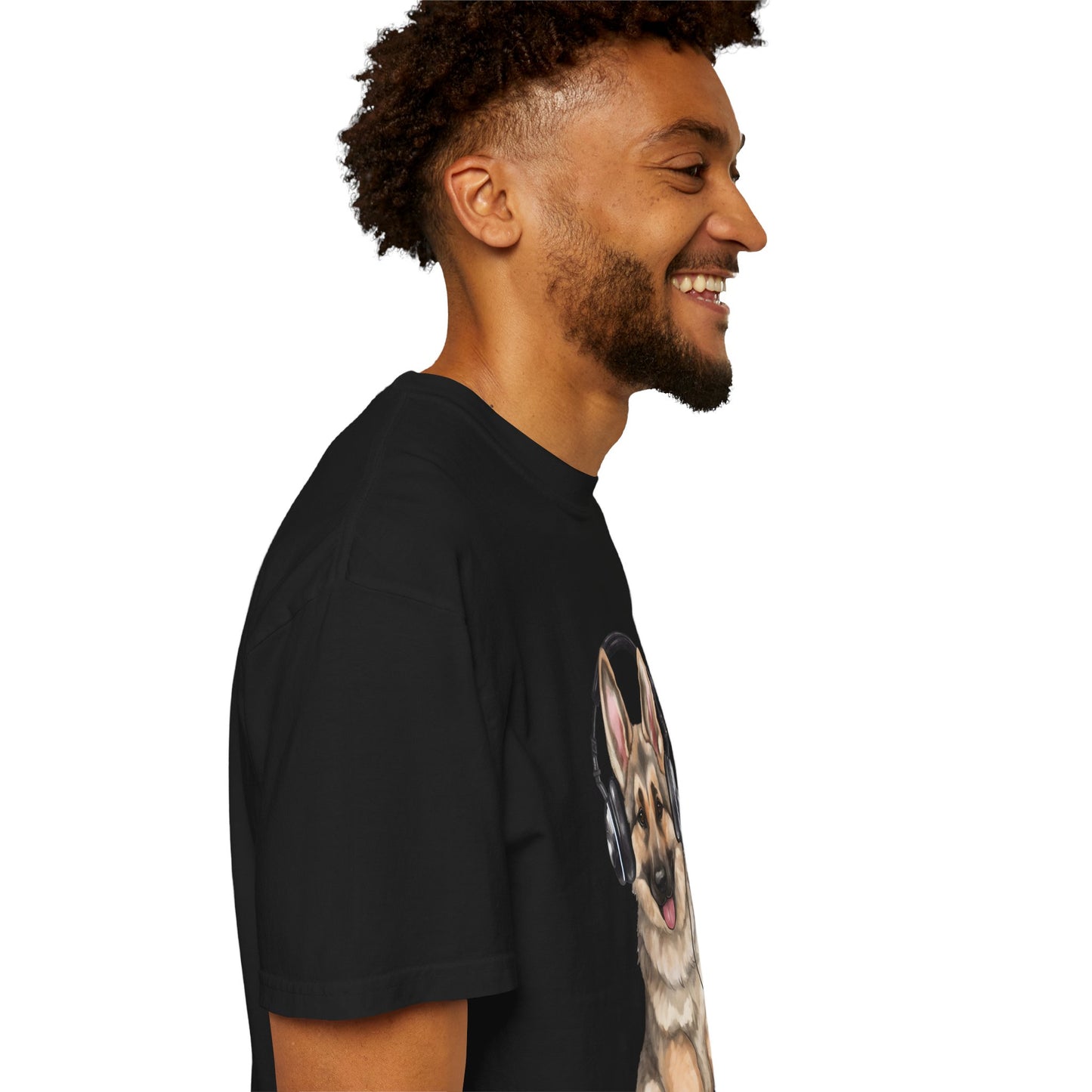 Unisex Dog Lover T-Shirt With a Graphic of German Shepherd Wearing Headphones Enjoying Music