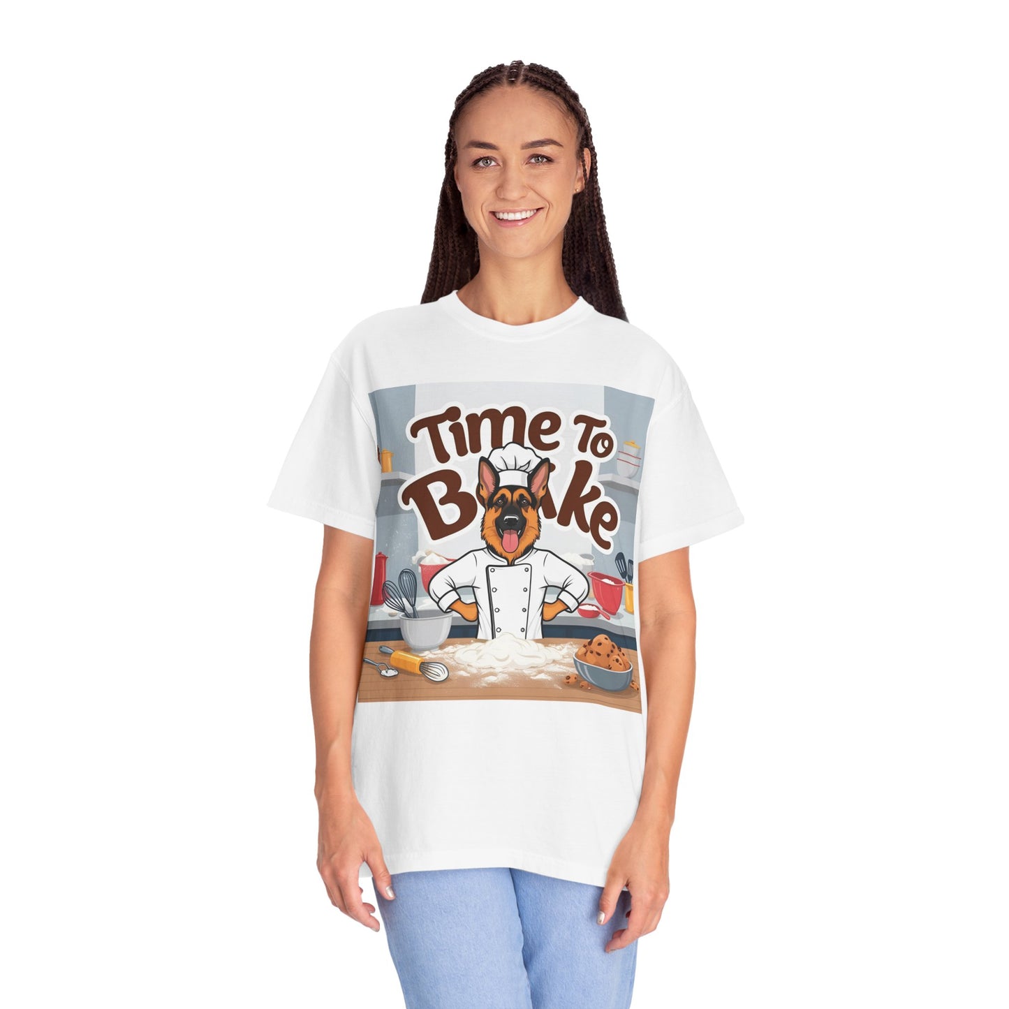 Unisex Dog Lover T-Shirt With Graphic of German Shepherd Wearing Chef Suit and Caption Time To Bake