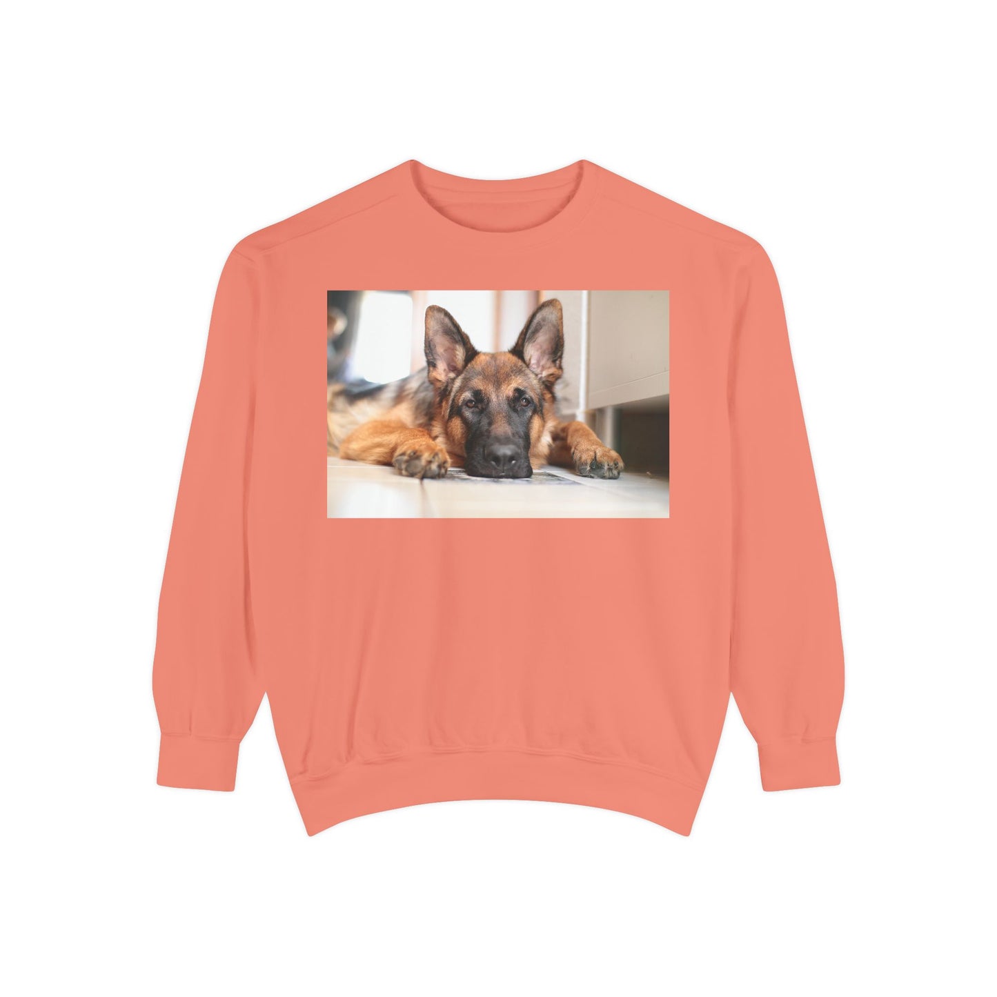 Unisex Dog Lover Sweatshirt With a German Shepherd Lying His Head on the Floor
