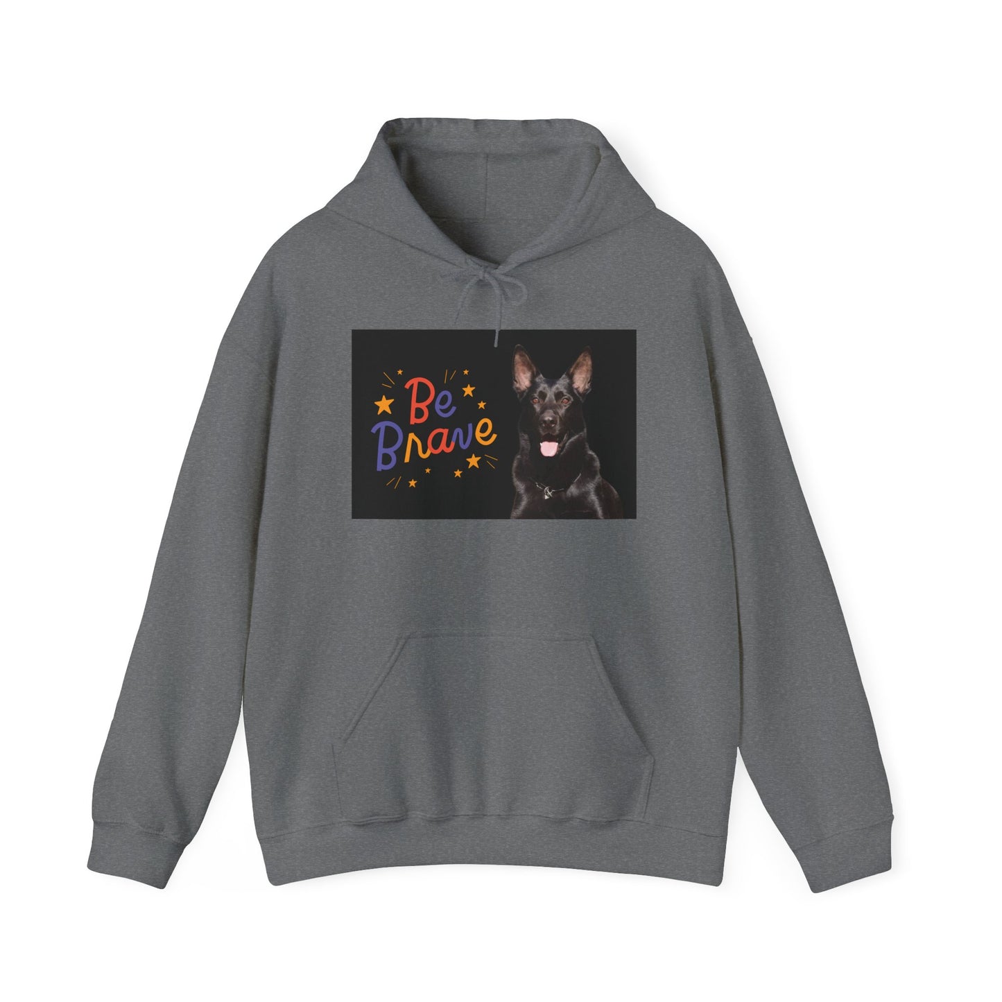 A Unisex Dog Lover Hoodie With Close Up of Solid Black German Shepherd and Caption Be Brave