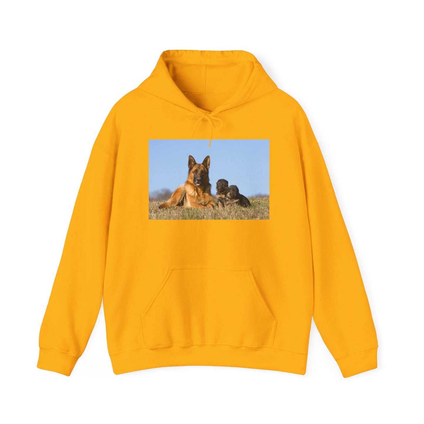 A Unisex Dog Lover Hoodie With a German Shepherd Lying on the Grass With Two Puppies