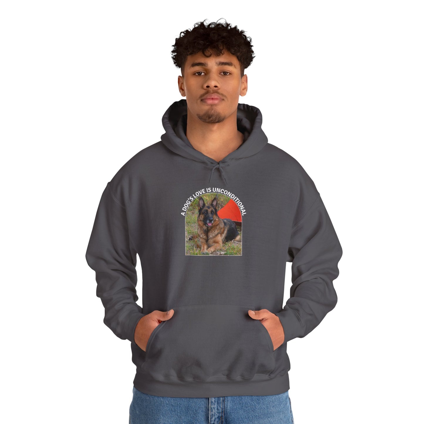 Unisex Dog Lover Hoodie With German Shepherd and Caption Dog's Love is Unconditional