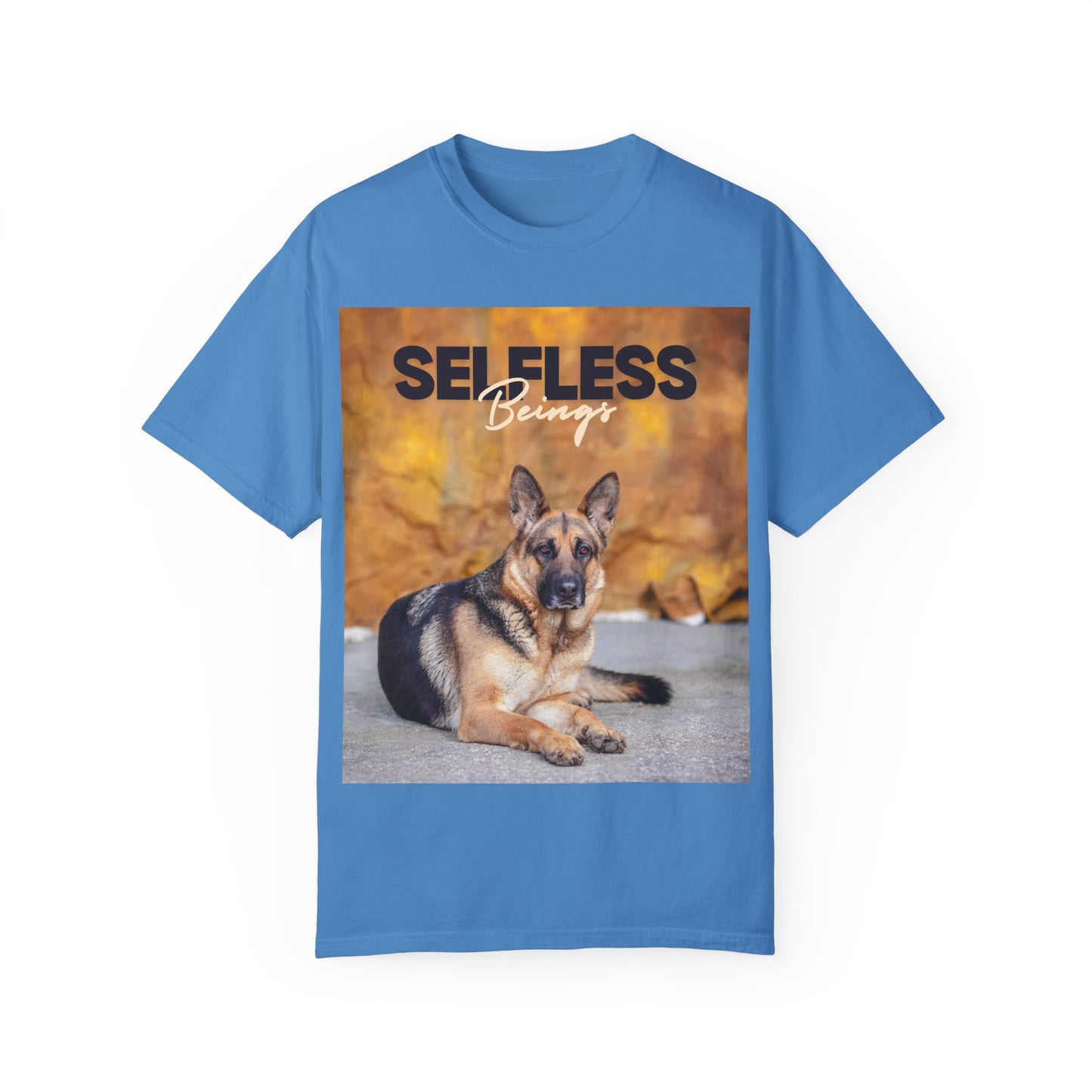Unisex Dog Lover T-Shirt With Showline German Shepherd Posing for Camera, Autumn Background and Caption Selfless Beings