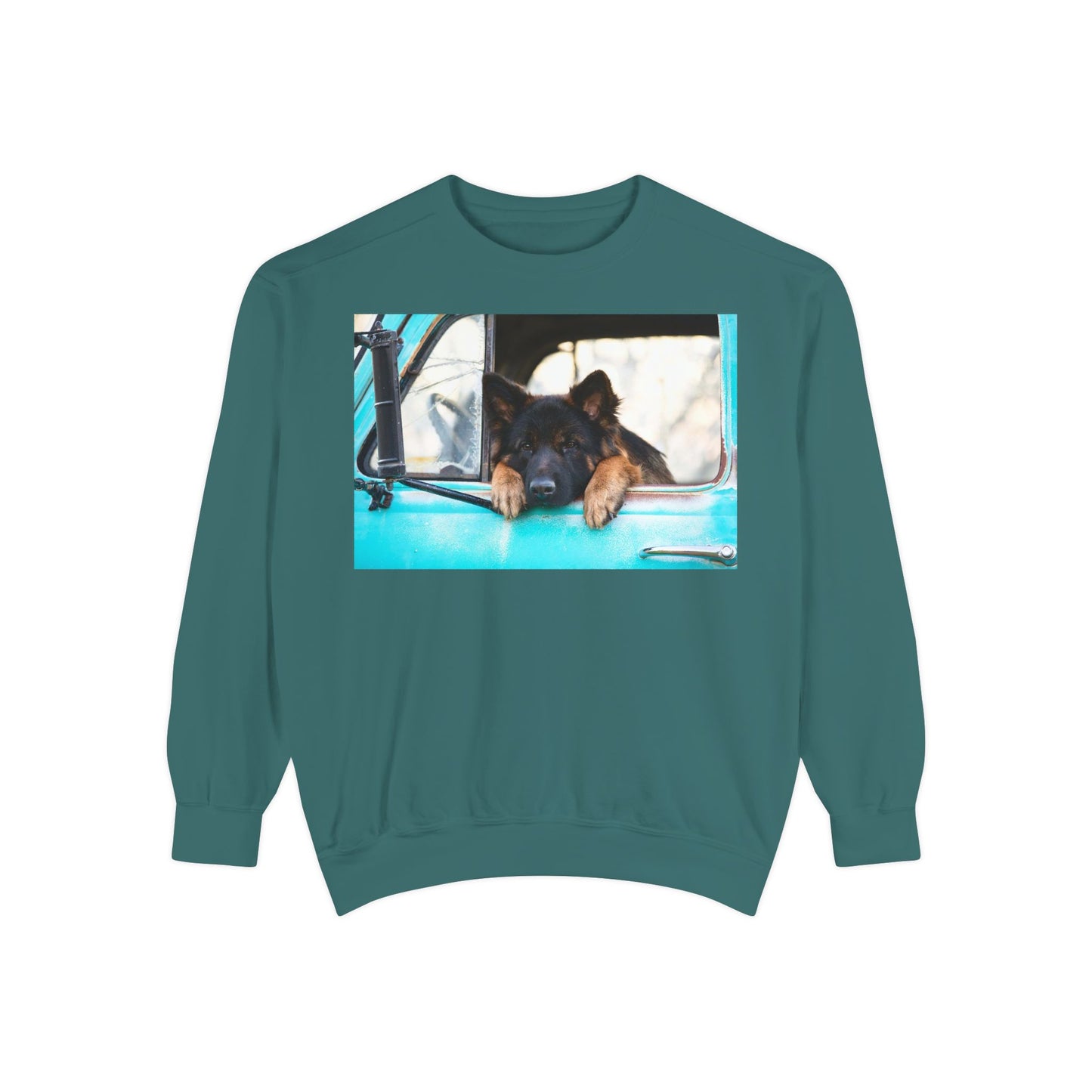 Unisex Dog Lover Sweatshirt With a German Shepherd Puppy Putting His Head and Front Legs On The Truck Seat's Window