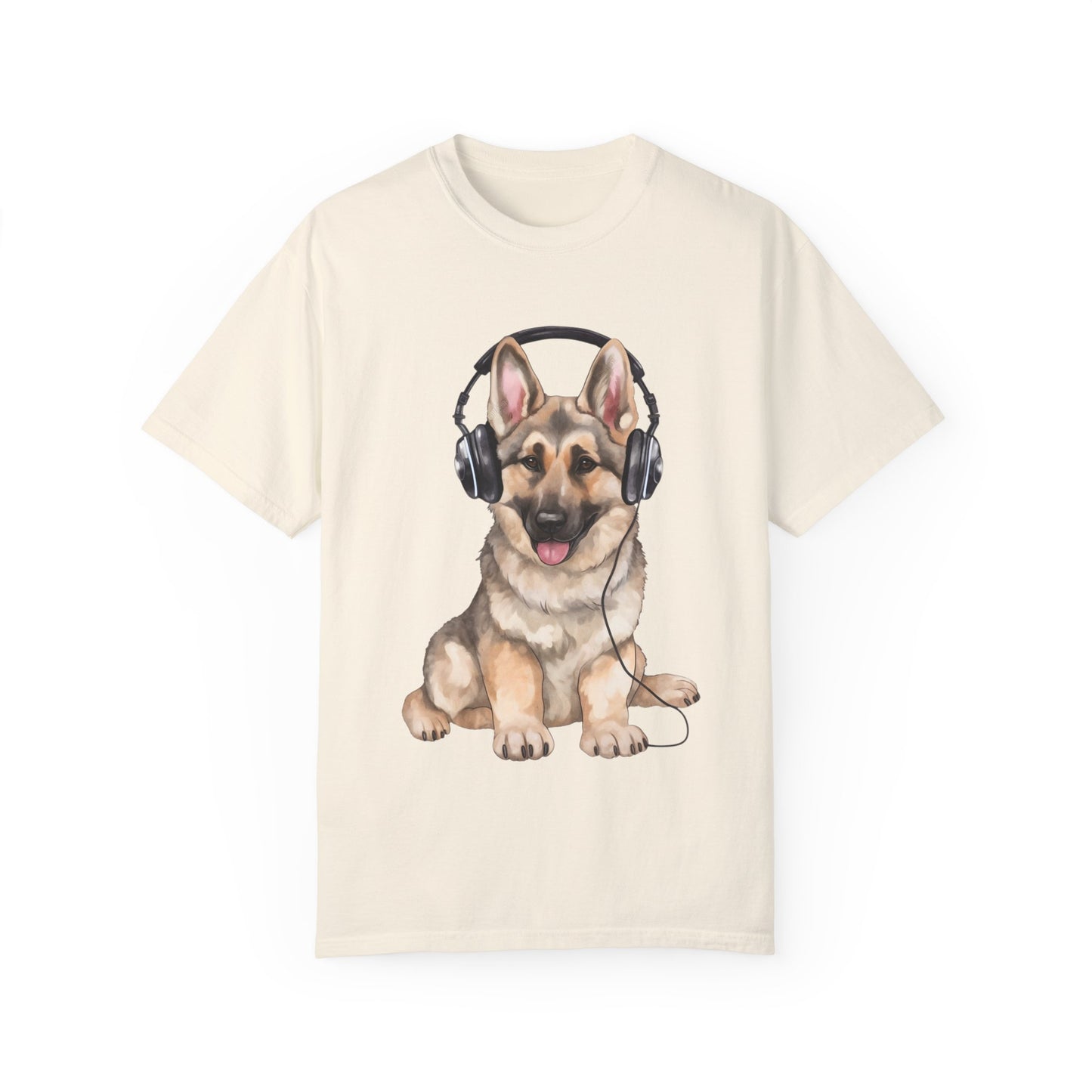 Unisex Dog Lover T-Shirt With a Graphic of German Shepherd Wearing Headphones Enjoying Music