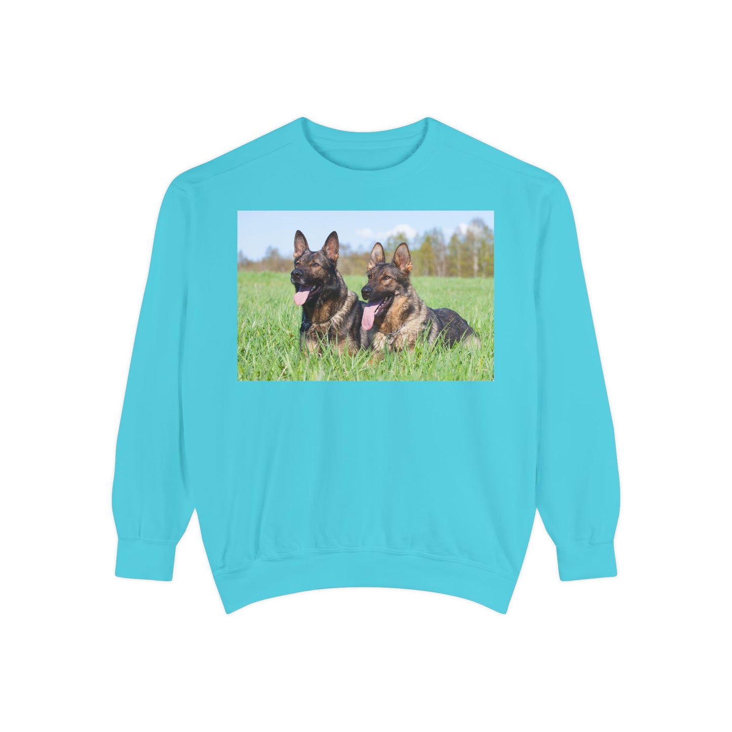 Unisex Dog Lover Sweatshirt With Two Giant German Shepherds Lying on the Grass With Tongues Out