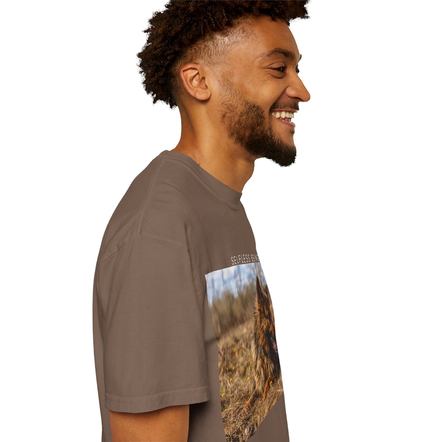 Unisex Dog Lover T-Shirt With a German Shepherd Lying on the Dry Grass in Spring and Caption Selfless Beings