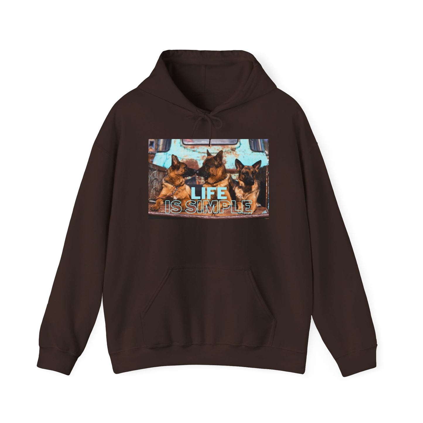 Unisex Dog Lover Hoodie With Three German Shepherds Sitting on the Truck's Cargo Bed and Caption Life is Simple