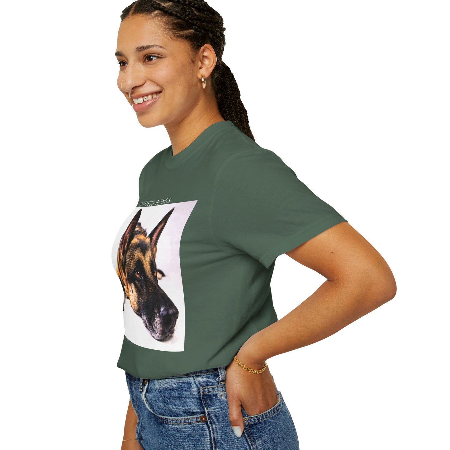 Unisex Dog Lover T-Shirt With Close Up of Bored German Shepherd Laying His Head On the Floor and Caption Selfless Beings