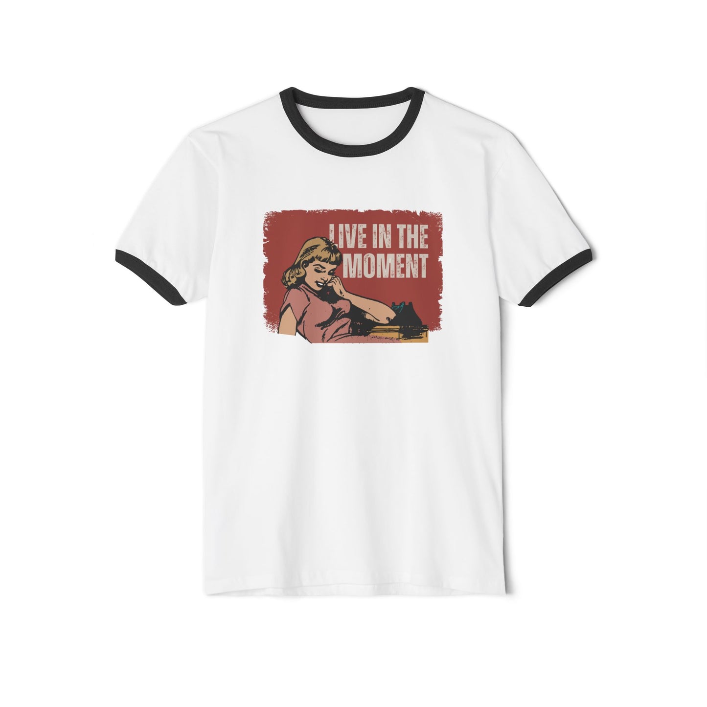Live in the Moment Unisex Cotton Ringer T-Shirt, Retro Graphic Tee, Casual Wear, Gift for Her, Motivational Trendy Top
