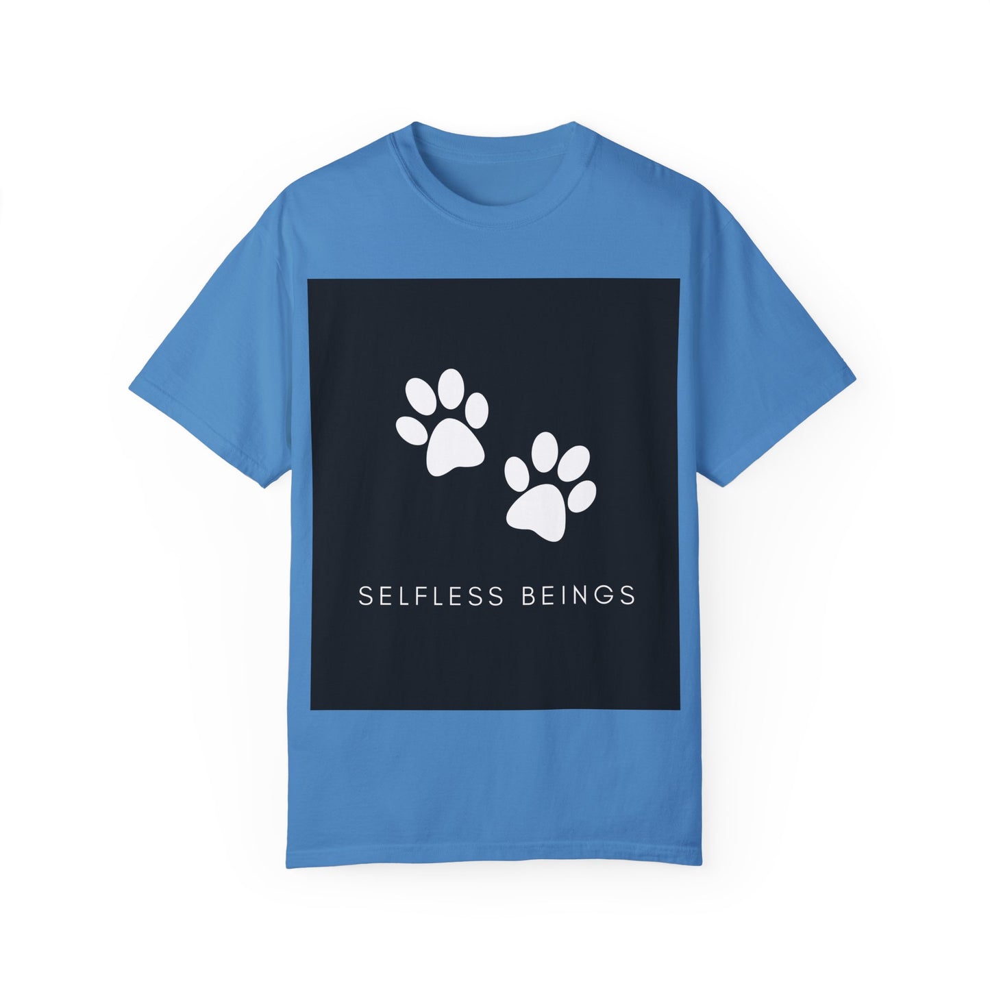 Unisex Dog Lover T-Shirt With White Dog Paw Prints and Caption Selfless Beings