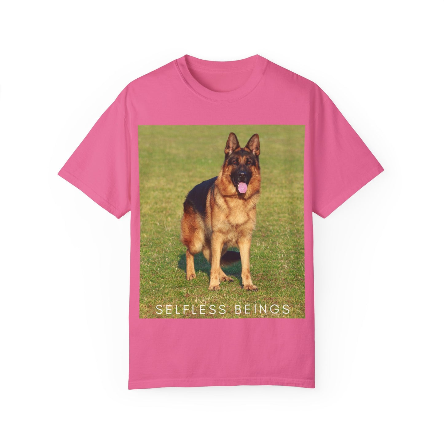 Unisex Dog Lover T-shirt With a German Shepherd on the Sports Grass Field and Caption Selfless Beings