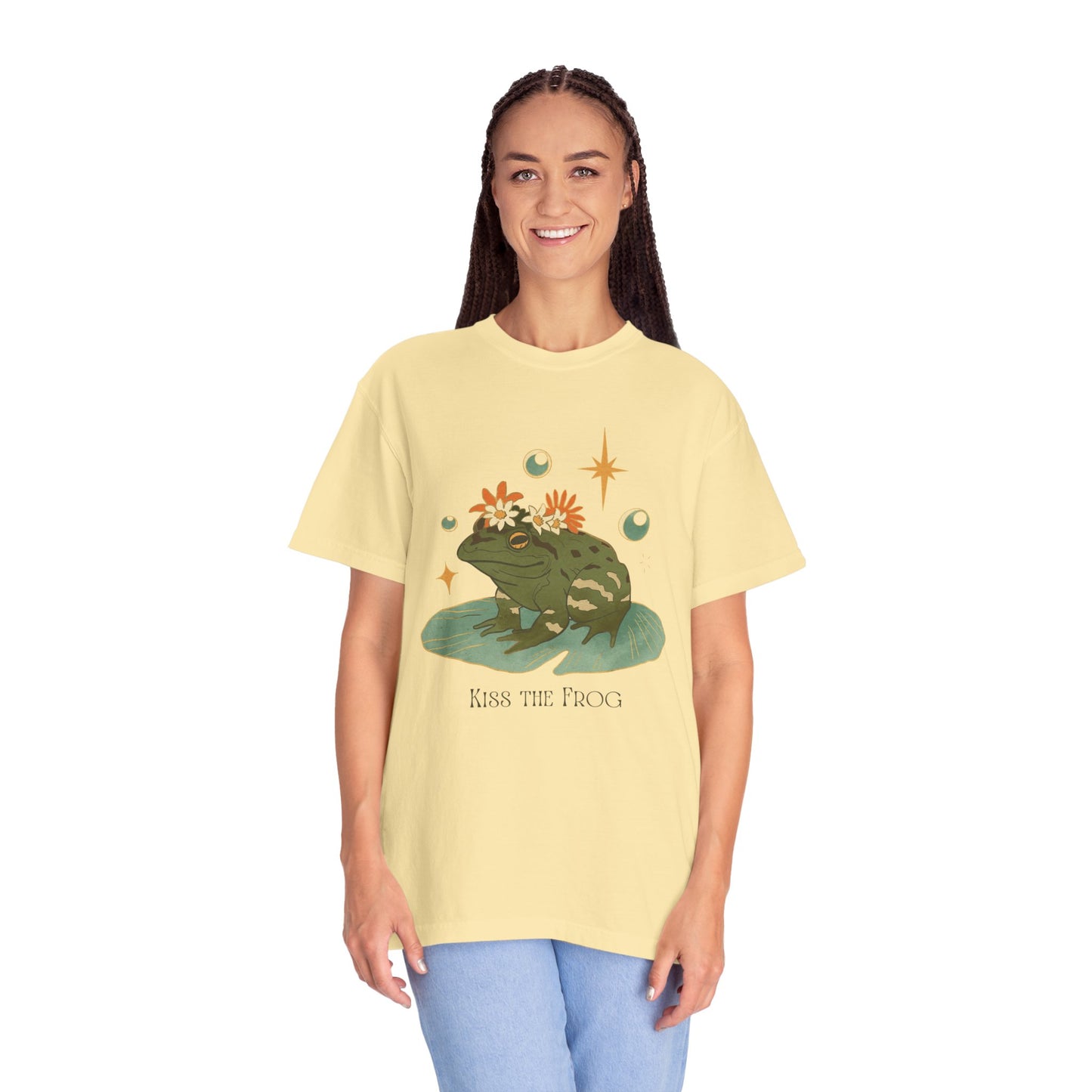 Kiss the Frog T-Shirt, Garment-Dyed Unisex Tee, Fun Gift for Nature Lovers, Cute Frog Graphic T-Shirt, Ideal for Casual Outings
