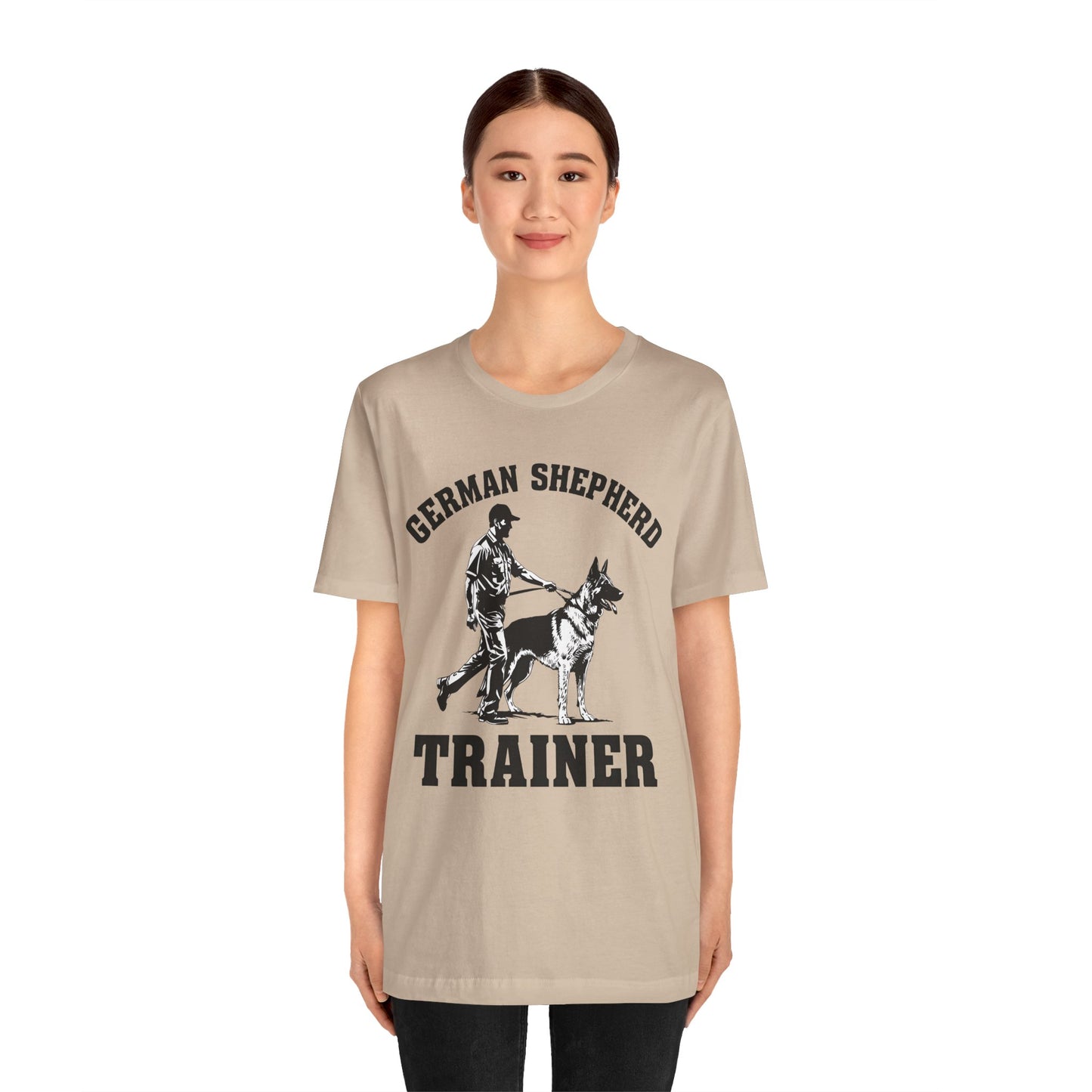 German Shepherd Trainer Tee - Black and White Design of Man Holding a German Shepherd
