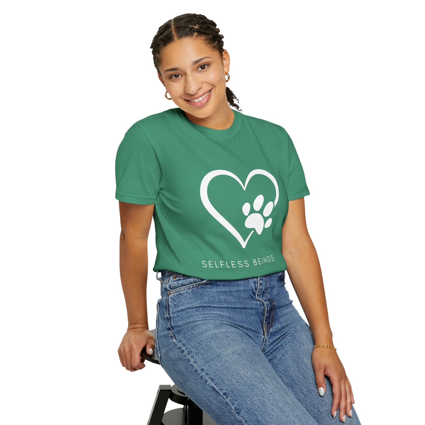 Unisex Dog Lover T-Shirt With Graphic of Heart Whose Right Side Contains Dog Paw's Print and Caption Selfless Beings