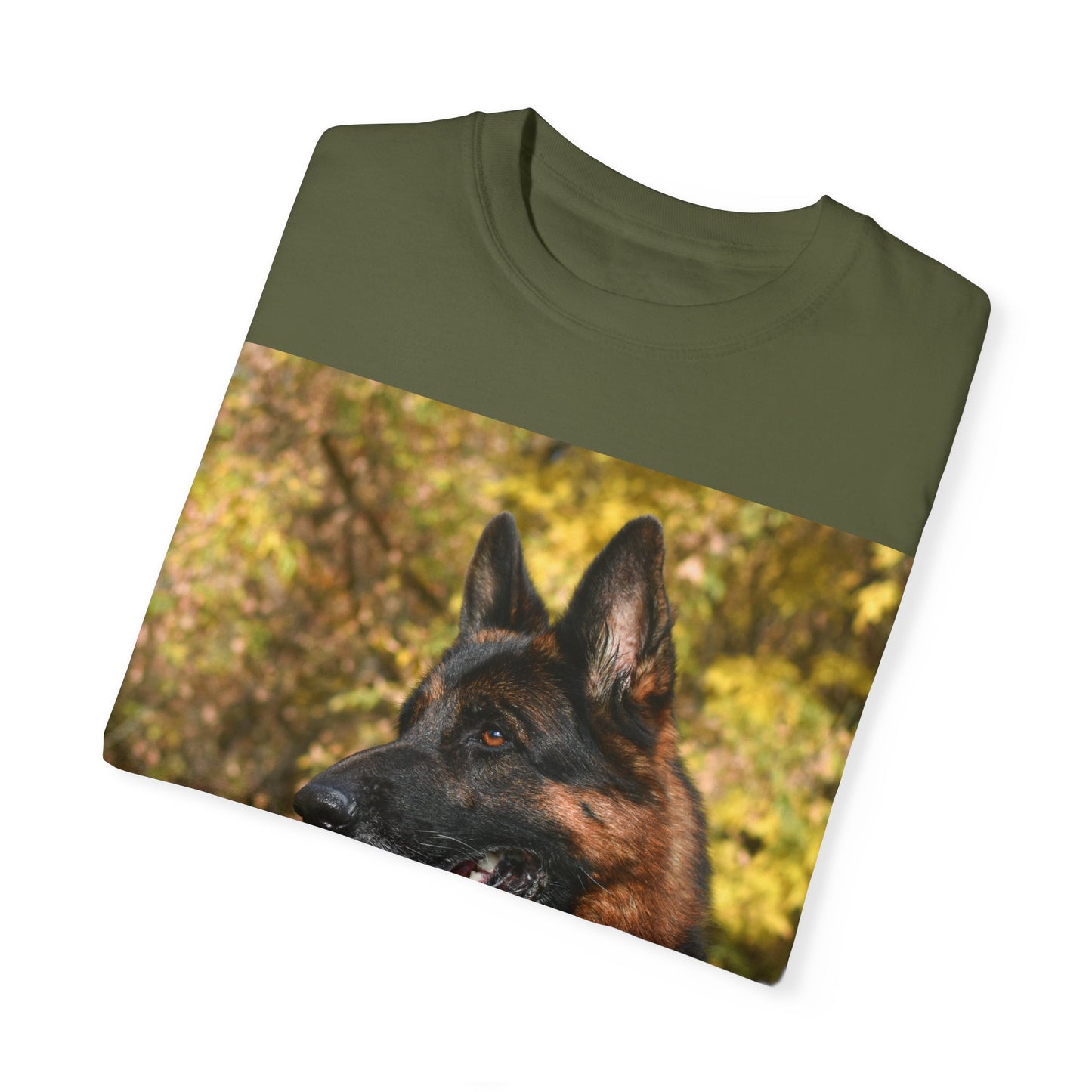 Unisex Dog Lover T-Shirt With a German Shepherd Protecting a Territory and Caption Selfless Beings