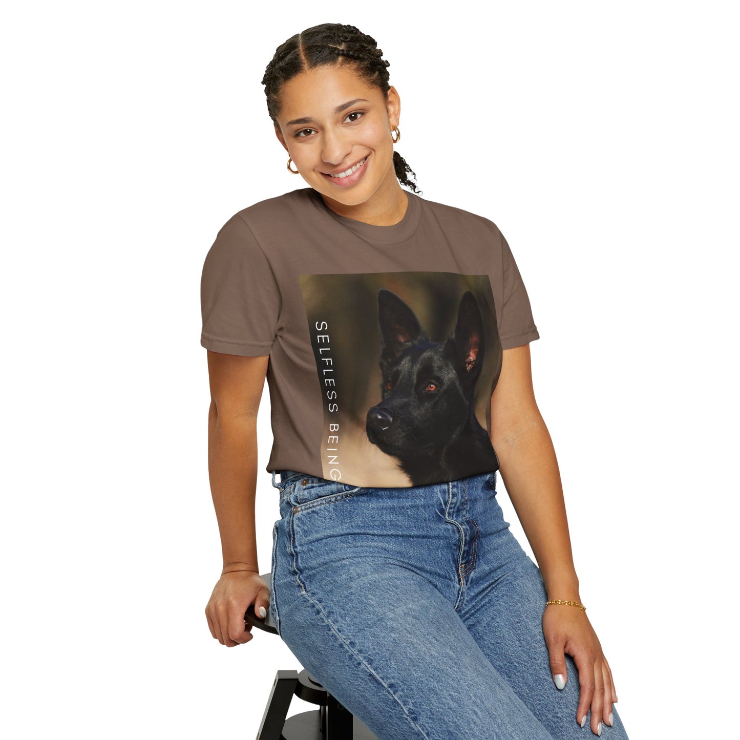 Unisex Dog Lover T-Shirt With Close Up of Serious Looking Solid Black German Shepherd and Caption Selfless Beings