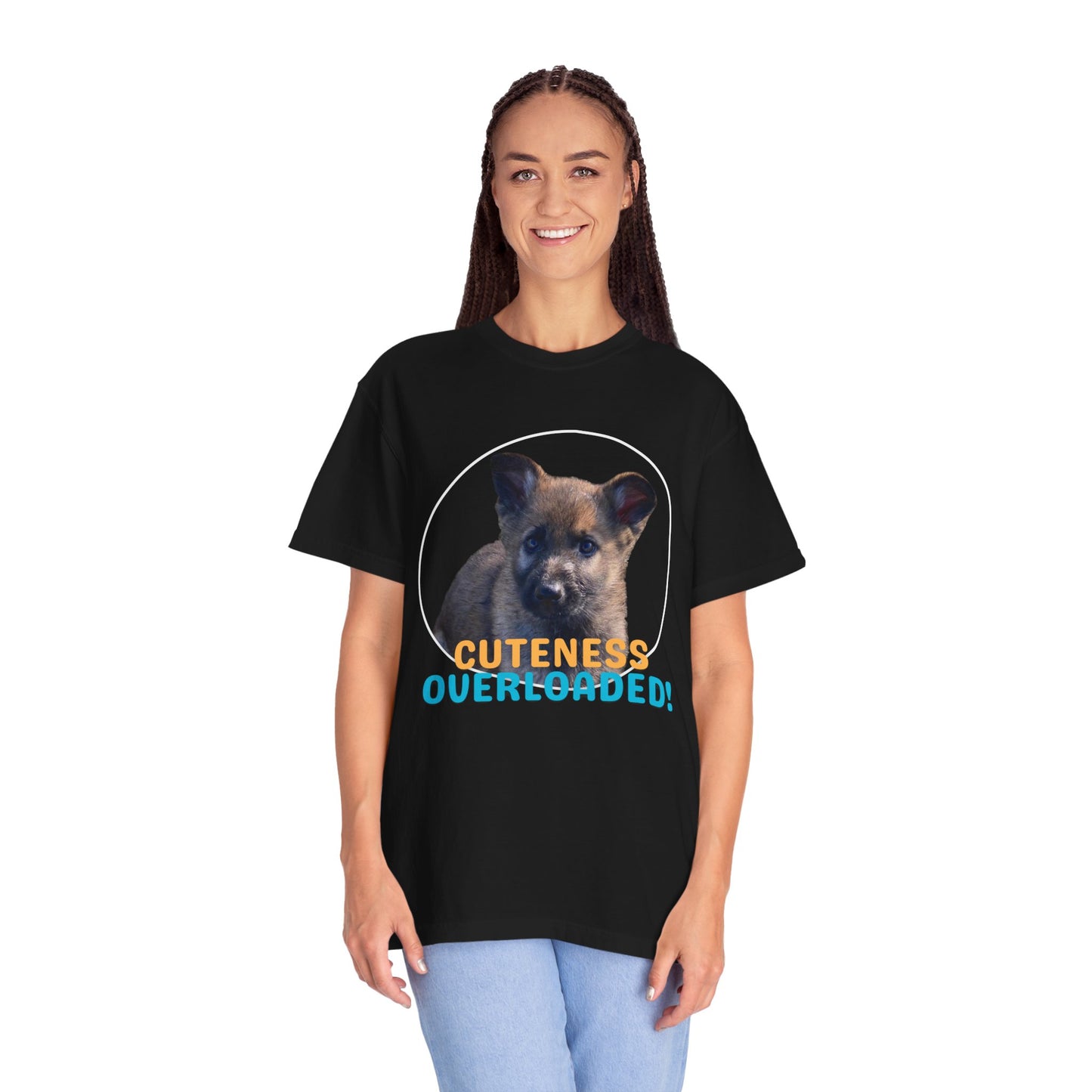Unisex Dog Lover's T-Shirt With Cute German Shepherd Puppy and Caption Cuteness Overloaded