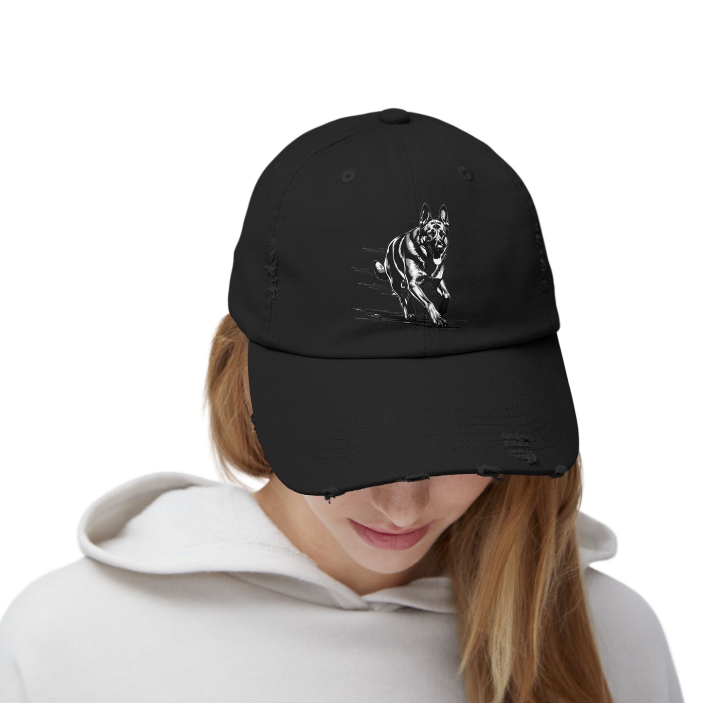 Black Distressed Agility German Shepherd Dog Cap | Unisex Pet Lover Hat, Outdoorsy Style, Casual Wear, Animal Lover Accessory
