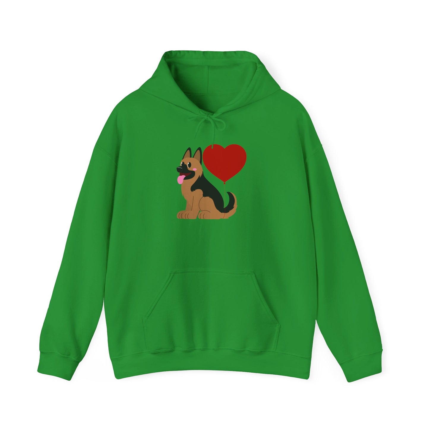 Unisex Dog Lover Hoodie With a Graphic of German Shepherd Puppy and Heart Shaped Balloon Attached With Tail