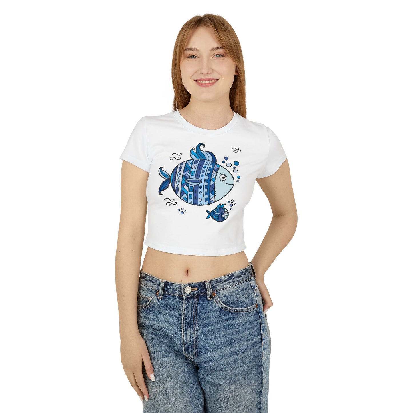 Boho Chic Women's Baby Tee with Blue Fish Design, Cute Summer Top, Fun Gift for Sea Lovers, Aquatic-themed Apparel, Beach Vibes