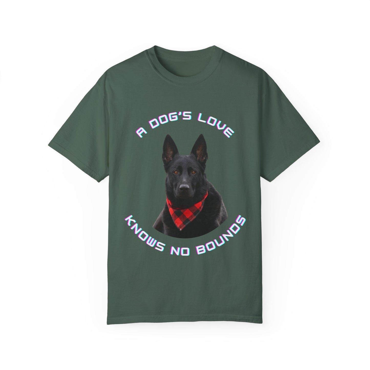 Unisex Dog Lover T-Shirt With Black German Shepherd Wearing a Romal and Quote A Dog’s Love Knows No Bounds