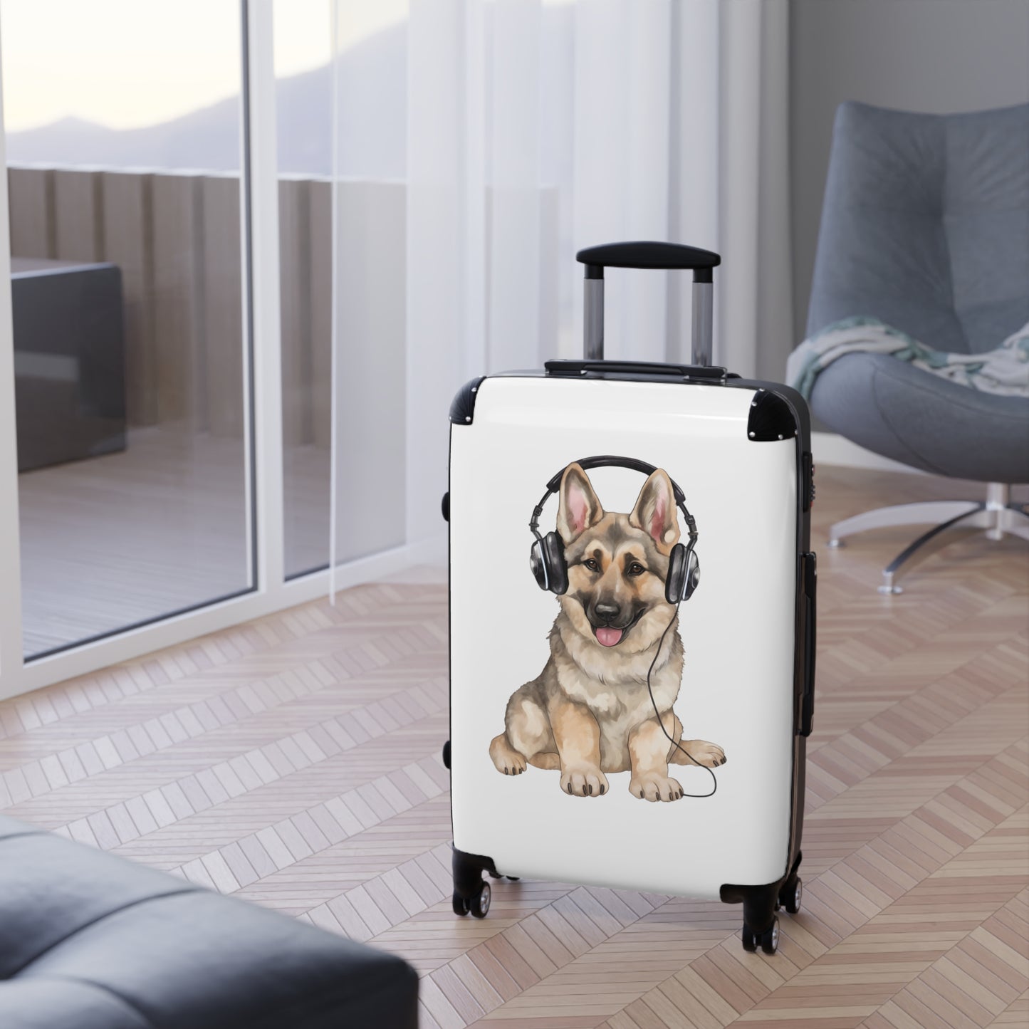 Travel Suitcase Featuring Graphic of German Shepherd Wearing Headphones Enjoying Music