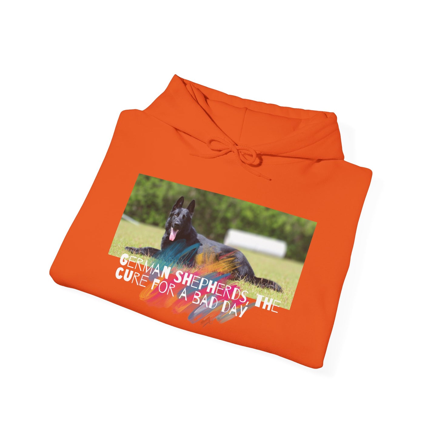 Unisex Dog Lover Hoodie With a Black German Shepherd Leaving Tongue Out and Caption The Cure for Bad Day