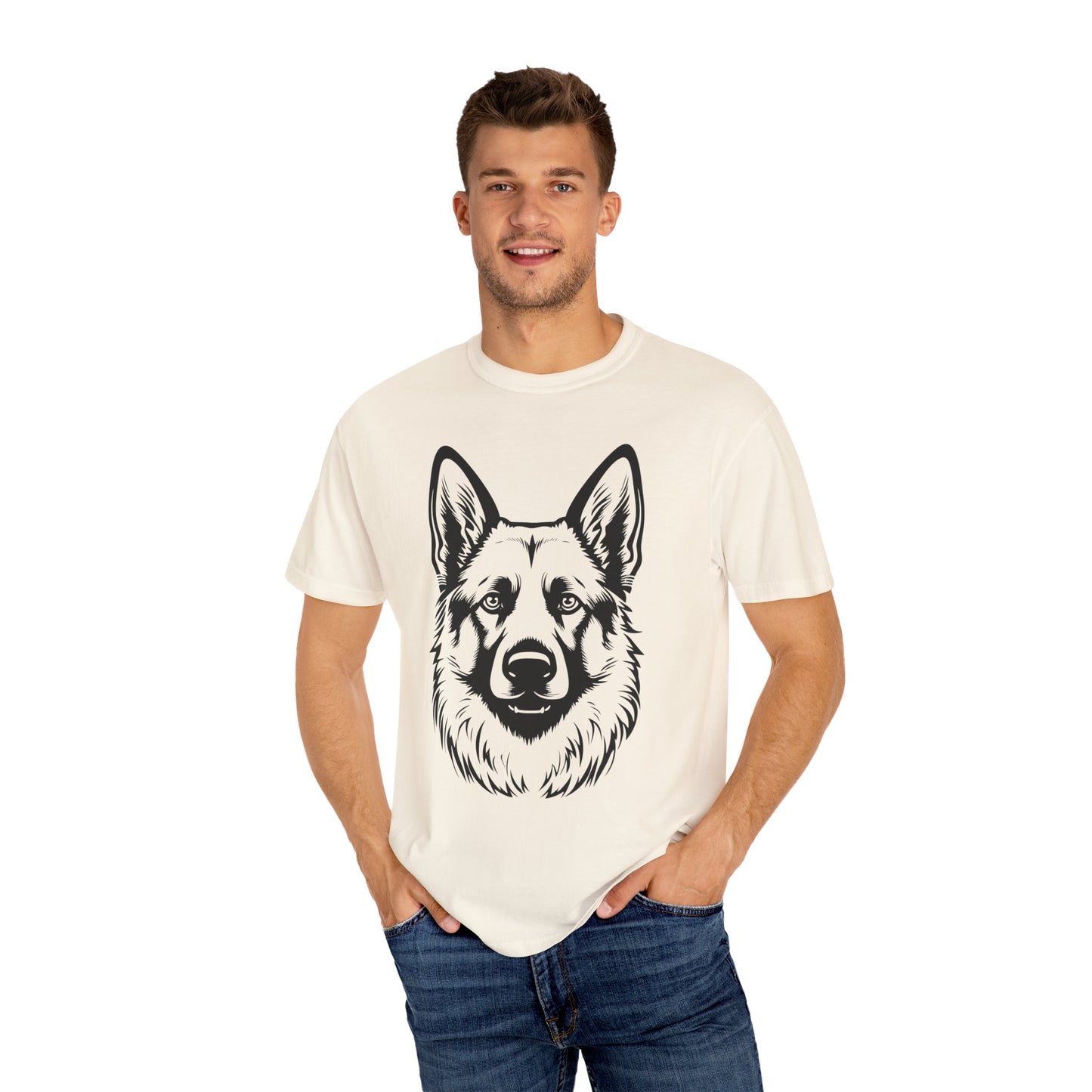 Unisex Dog Lover T-Shirt With a Close Up Graphic of Black and Transparent German Shepherd