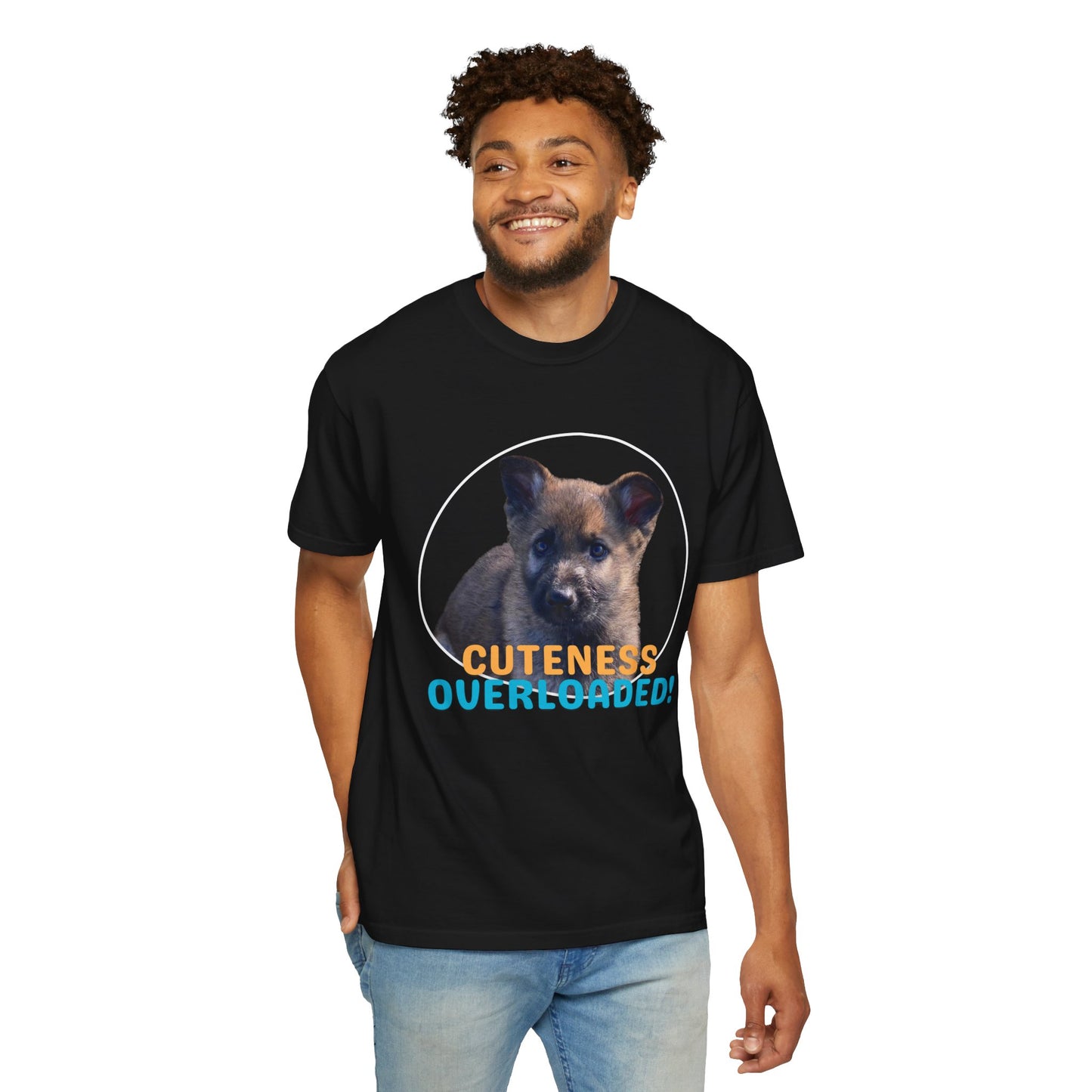 Unisex Dog Lover's T-Shirt With Cute German Shepherd Puppy and Caption Cuteness Overloaded