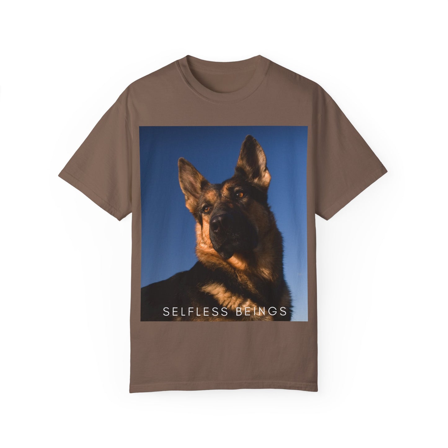 Unisex Dog Lover T-shirt With Close Up Portrait of Giant German Shepherd Turning His Head and Caption Selfless Beings