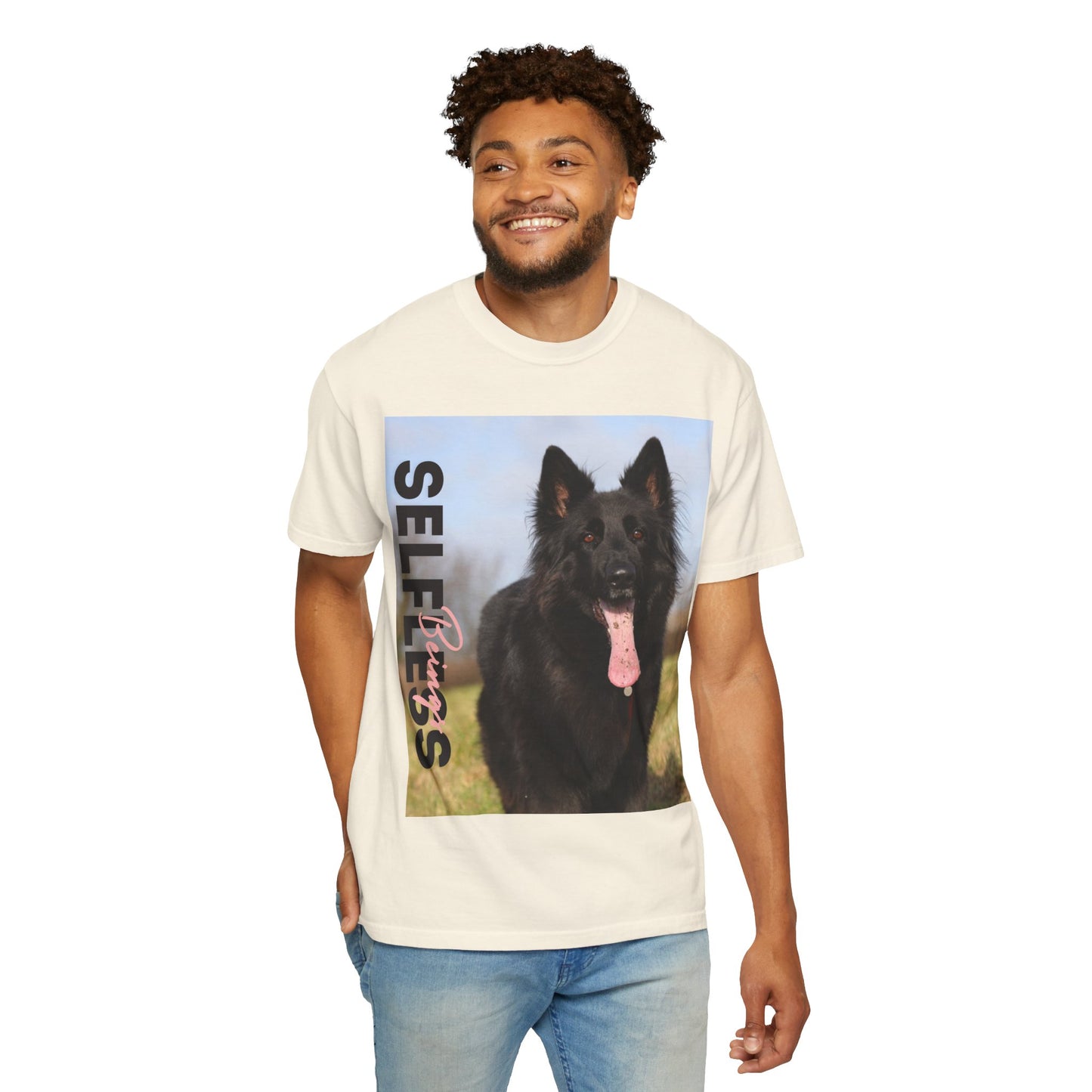 Unisex Dog Lover T-Shirt With Black German Shepherd in the Open Field Leaving Tongue Out and Caption Selfless Beings
