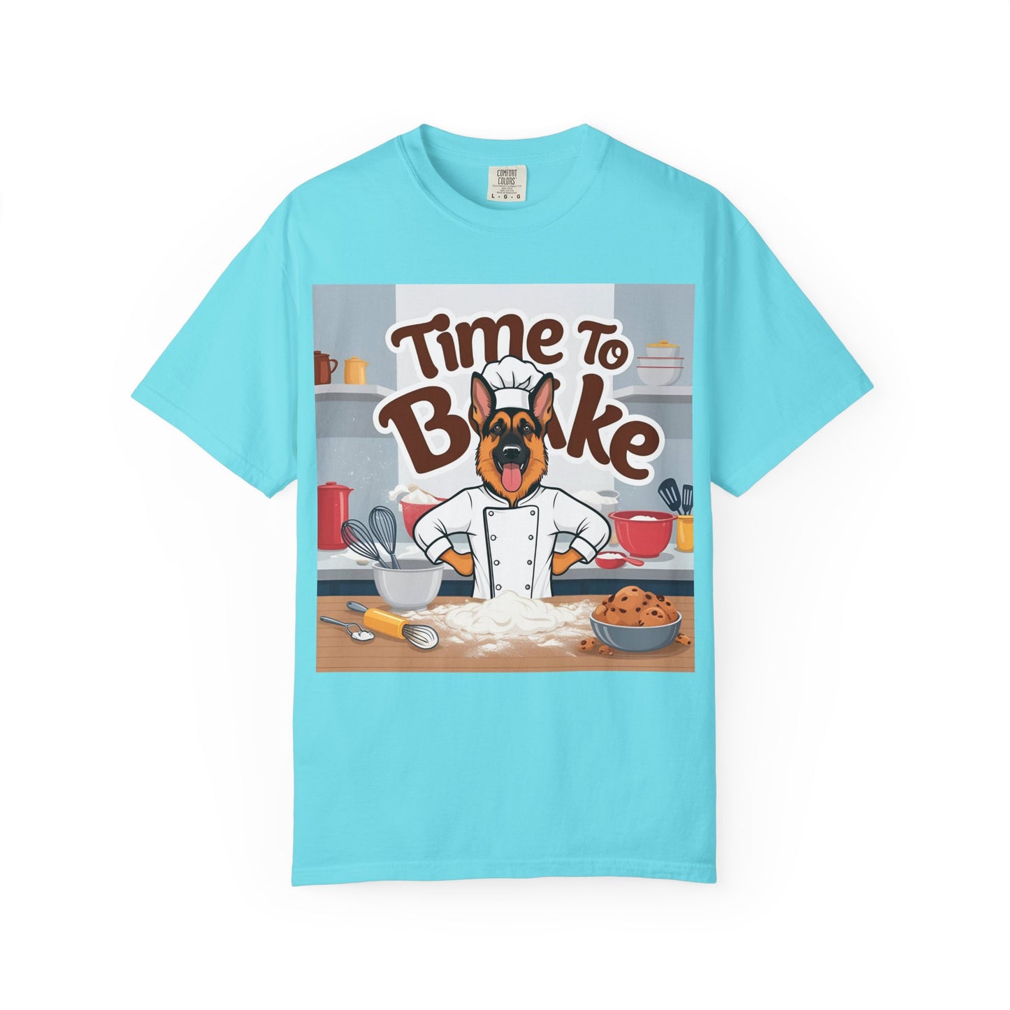 Unisex Dog Lover T-Shirt With Graphic of German Shepherd Wearing Chef Suit and Caption Time To Bake