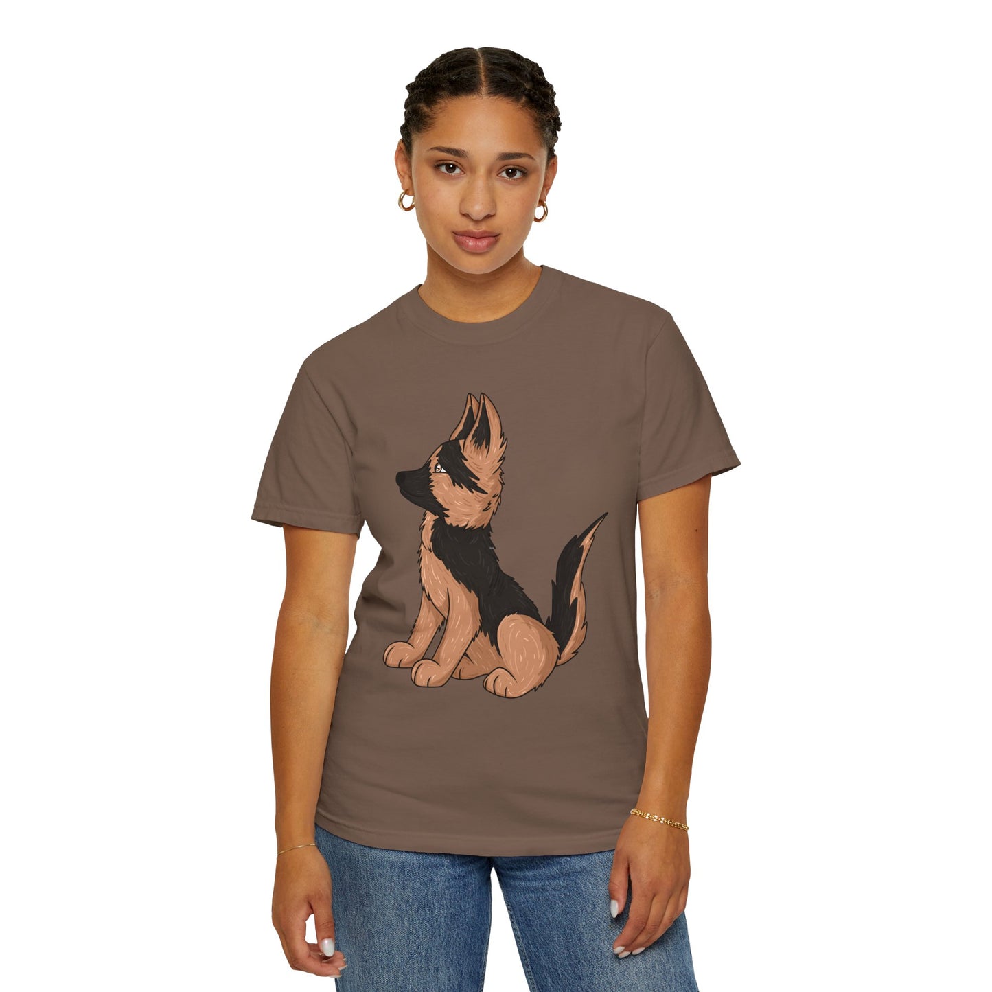 Unisex Dog Lover T-Shirt With a Graphic of Cute German Shepherd Puppy Looking Upward