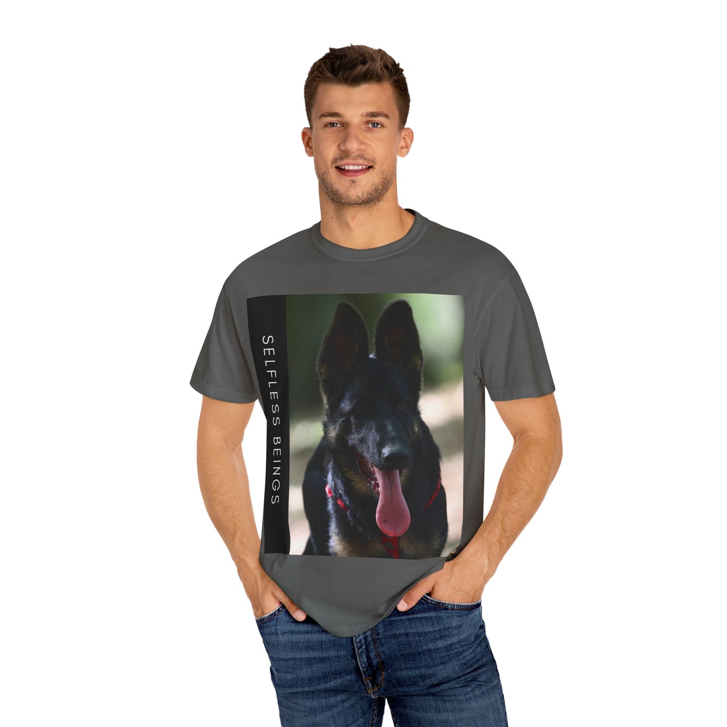 Unisex Dog Lover T-Shirt With Close Up Portrait of Slim German Shepherd Leaving His Tongue Out and Caption Selfless Beings
