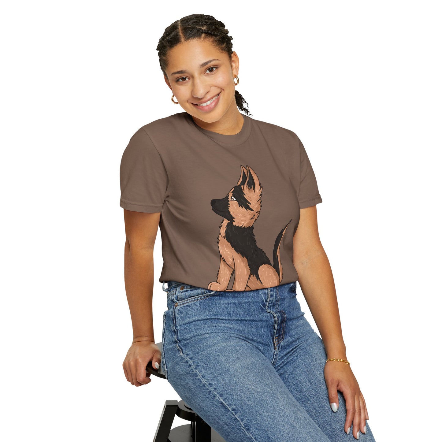 Unisex Dog Lover T-Shirt With a Graphic of Cute German Shepherd Puppy Looking Upward