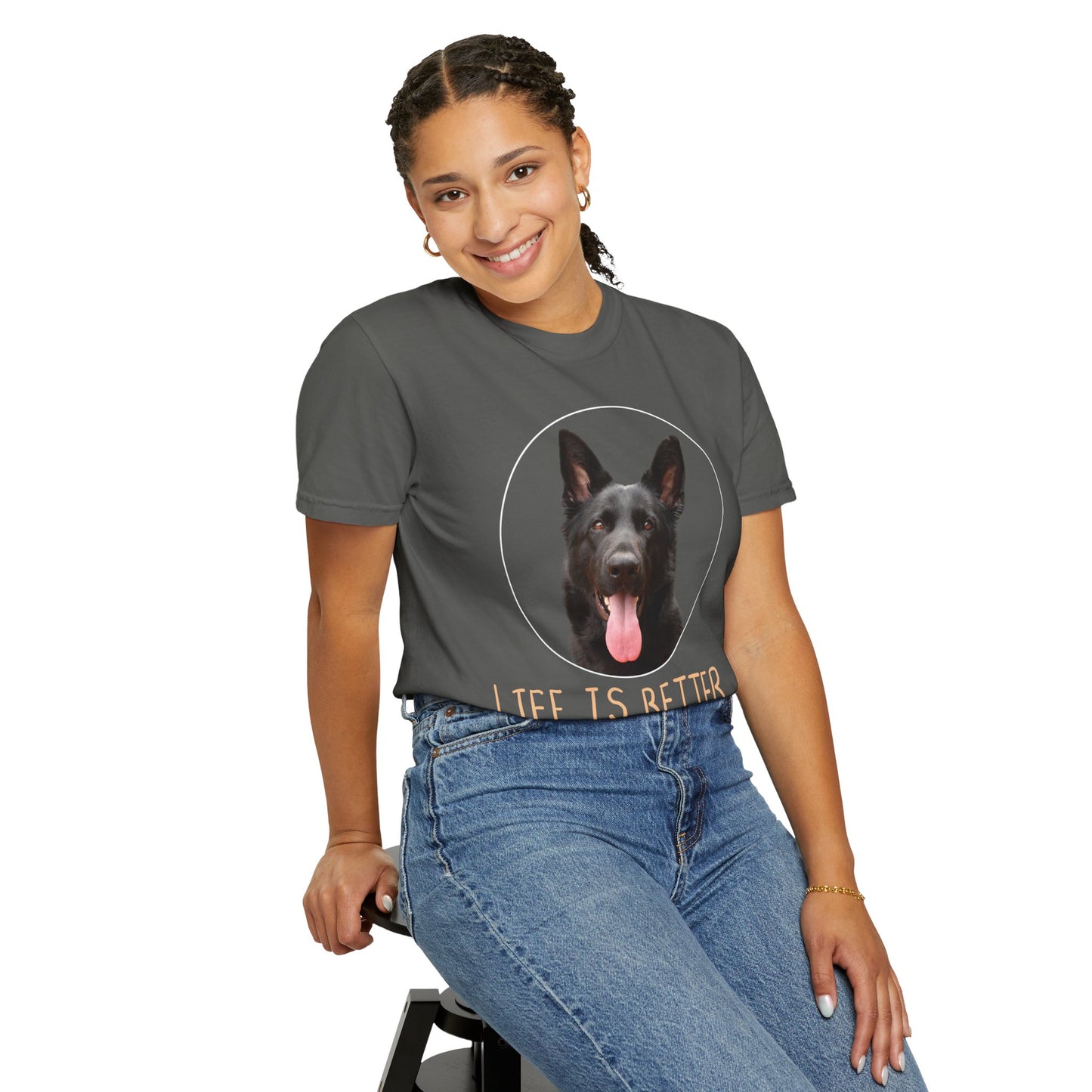 Unisex Dog Lover T-Shirt With Black German Shepherd Leaving Tongue Out and Caption Life is Better With A Dog