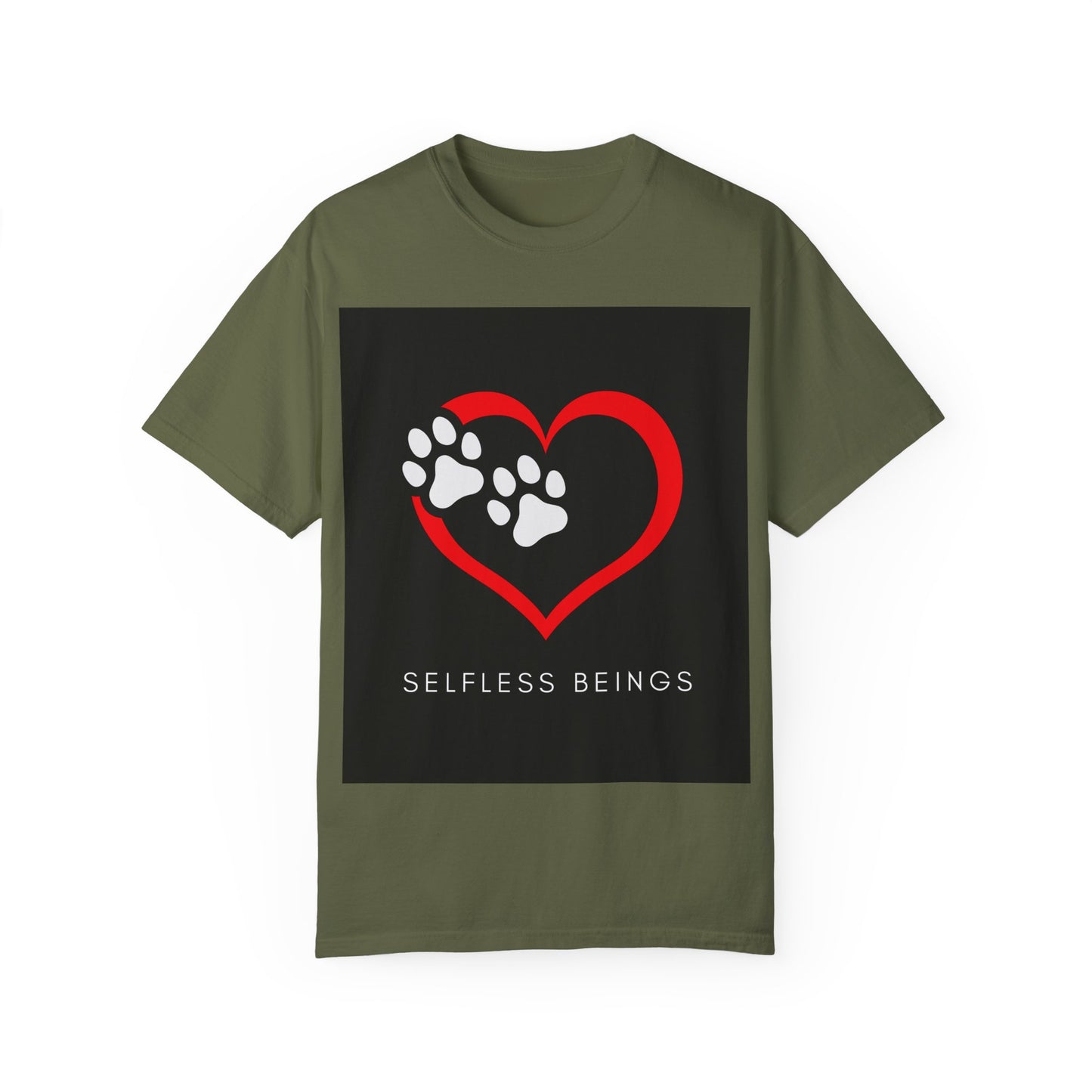 Unisex Dog Lover T-Shirt With Graphic of Red Heart That Contains Two White Dog Paw Prints and Caption Selfless Beings