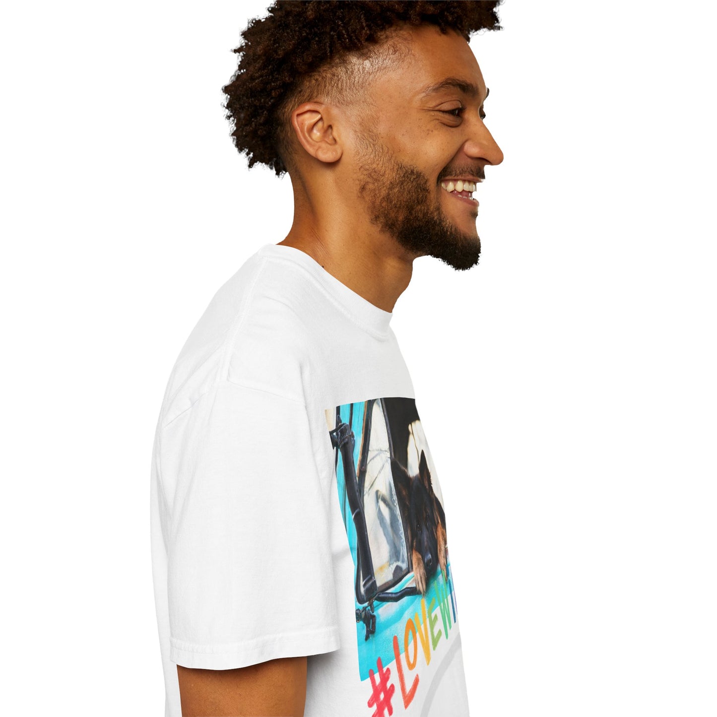 Unisex T-Shirt With German Shepherd Puppy Putting His Head and Front Legs On The Truck Seat's Window and Caption Love Wins