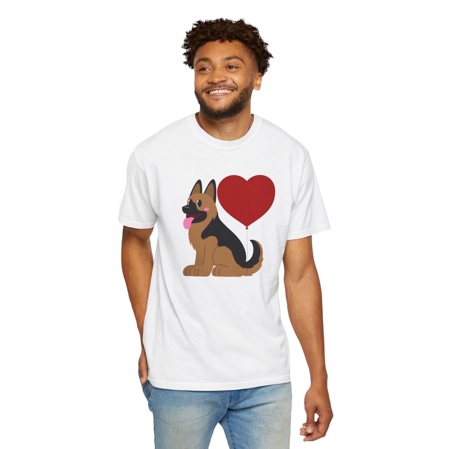 Unisex Dog Lover T-Shirt With a Graphic of German Shepherd Puppy and Heart Shaped Balloon Attached With Tail