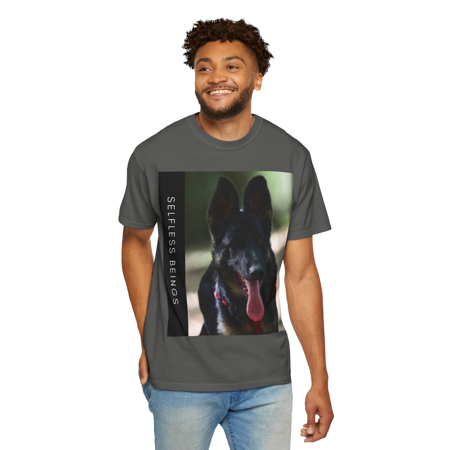 Unisex Dog Lover T-Shirt With Close Up Portrait of Slim German Shepherd Leaving His Tongue Out and Caption Selfless Beings