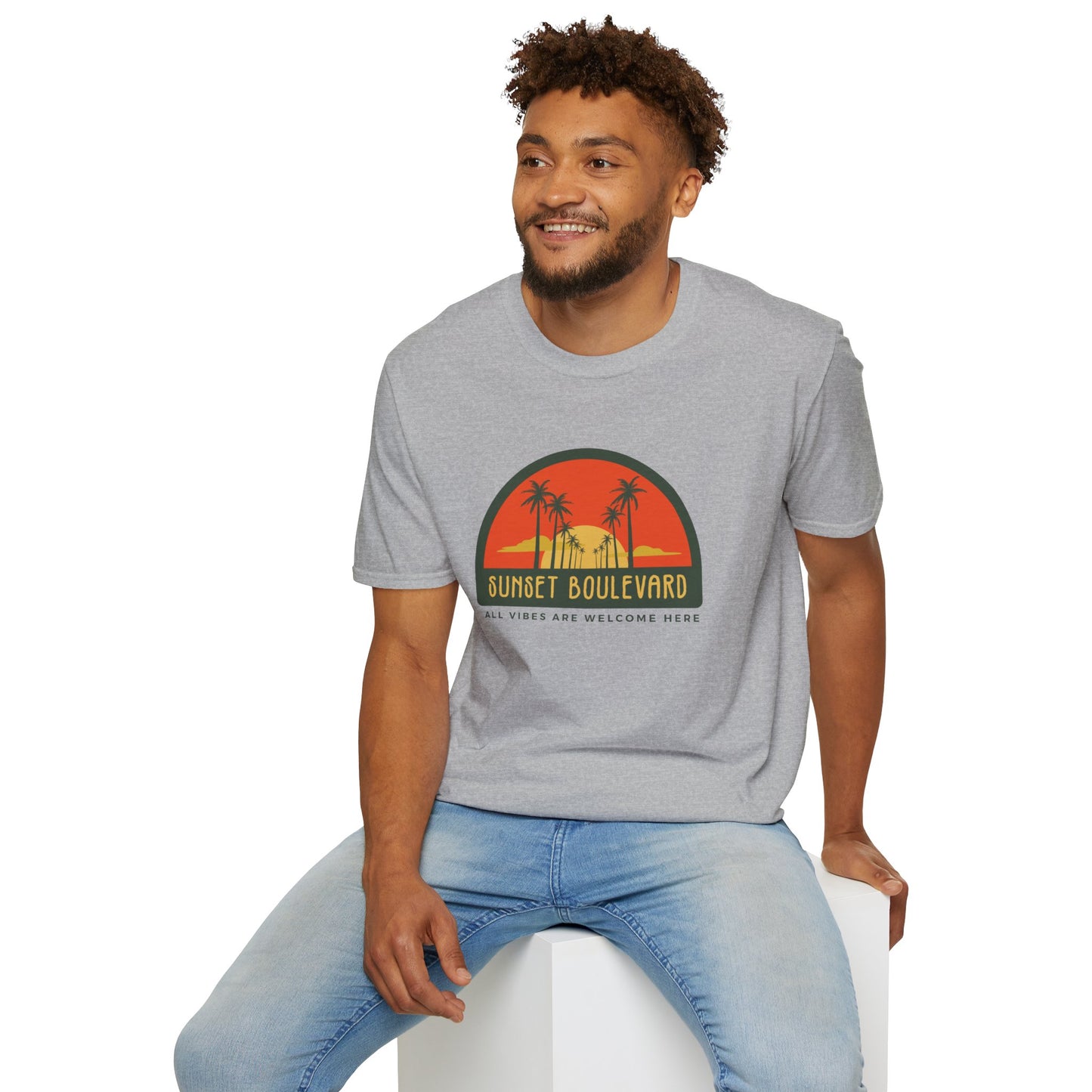 Sunset Boulevard Unisex Softstyle T-Shirt, Retro Beach Tee, Vacation Shirt, Summer Apparel, Travel Gift