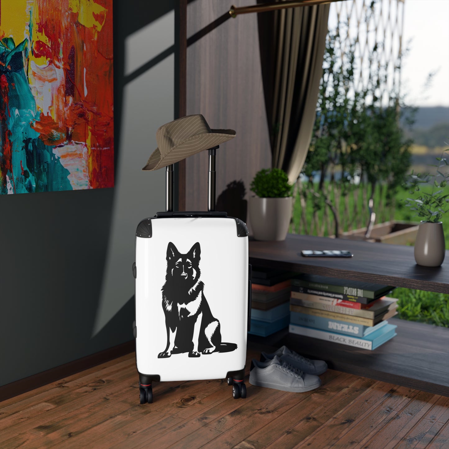 Personalized Dog Design Suitcase Featuring a Graphic of Black German Shepherd Sloppily Sitting