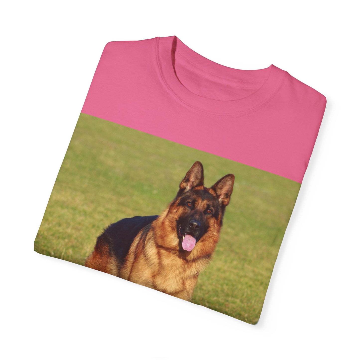 Unisex Dog Lover T-shirt With a German Shepherd on the Sports Grass Field and Caption Selfless Beings